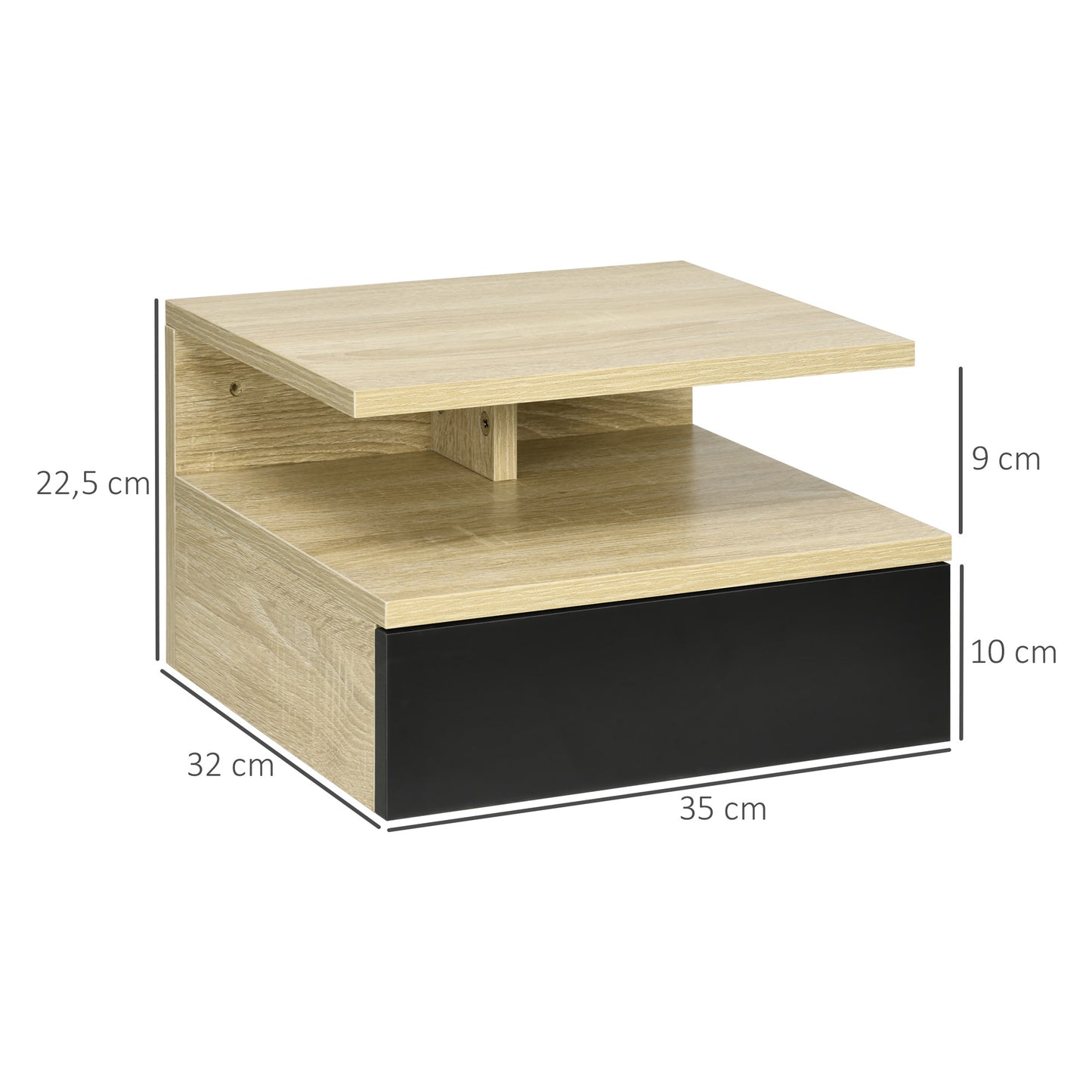 HOMCOM Set de 2 Mesitas de Noche Flotantes con 1 Cajón y Estante Abierto Diseño Moderno Montado en la Pared 35x32x22,5 cm Roble y Negro