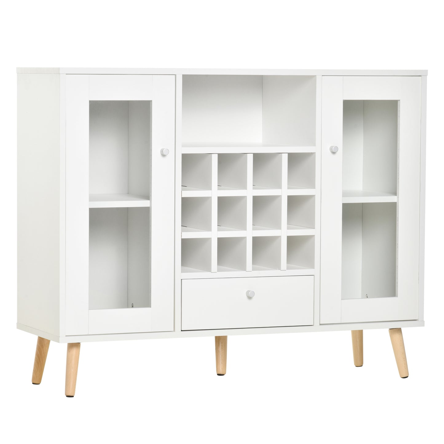 HOMCOM Aparador de Cocina Buffet para Salón Alacena de Almacenaje con Botellero Cajón Estante Abierto y 2 Armarios con Puertas de Cristal Moderno para Comedor 100x33x80 cm Blanco