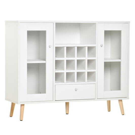 HOMCOM Aparador de Cocina Buffet para Salón Alacena de Almacenaje con Botellero Cajón Estante Abierto y 2 Armarios con Puertas de Cristal Moderno para Comedor 100x33x80 cm Blanco