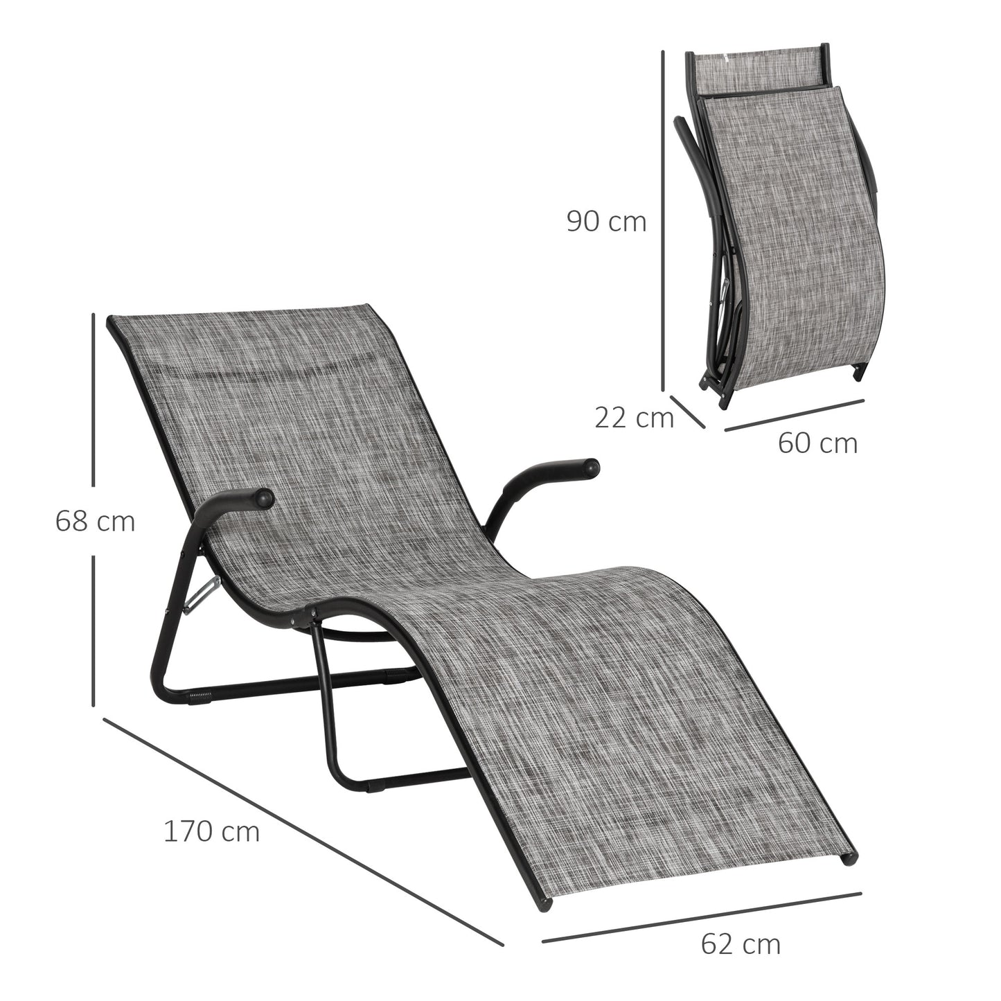 Outsunny Tumbona Plegable de Jardín con Reposabrazos Reposapiés Respaldo Transpirable y Marco de Metal Ergonómico para Terraza Playa Camping Exterior Piscina 170x62x68 cm Gris