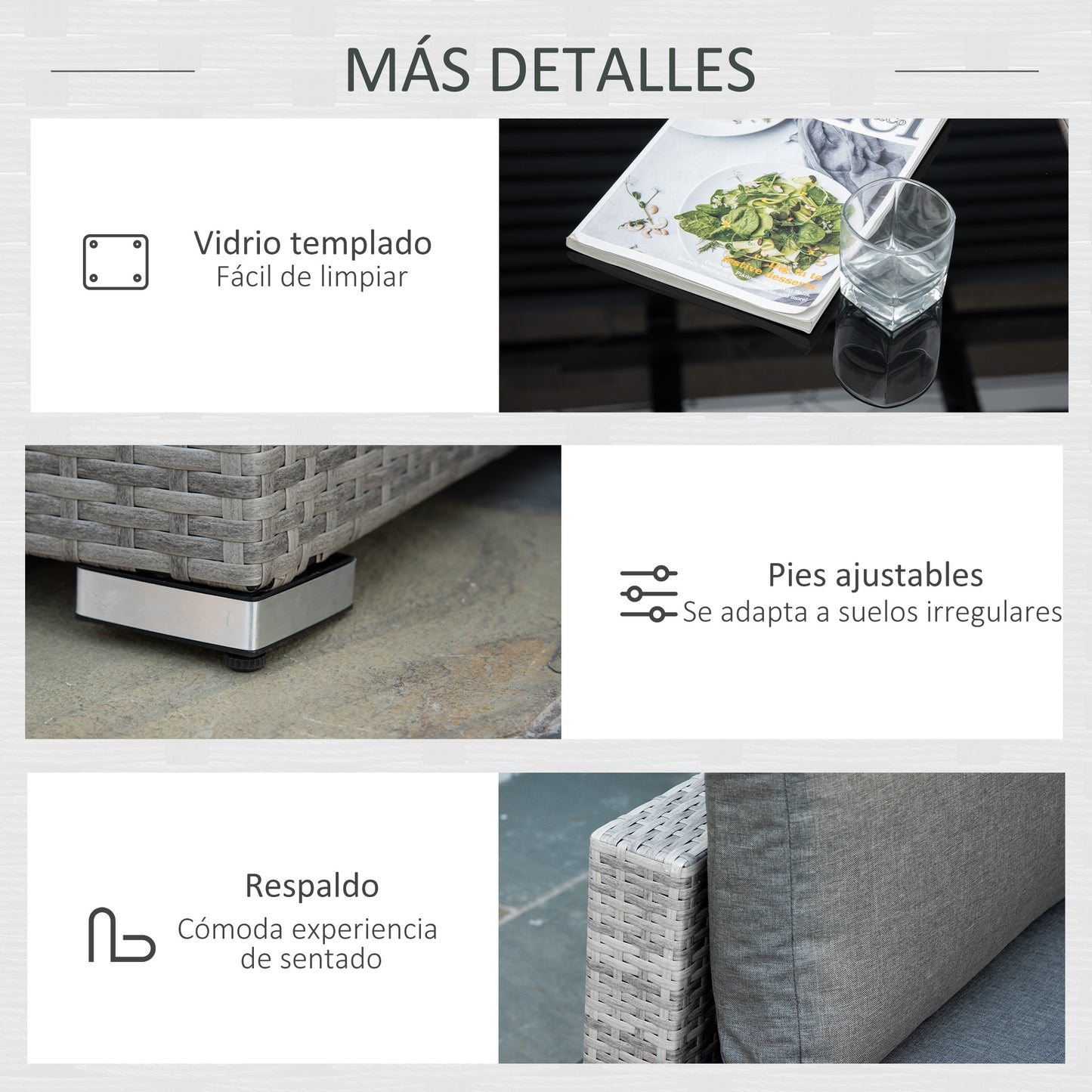 Outsunny Conjunto de Muebles de Jardín de Ratán 4 Piezas Mesa de Centro de Vidrio Sofá Doble y 2 Sofás Esquineros con Cojines Desenfundables para Terraza Exterior Gris