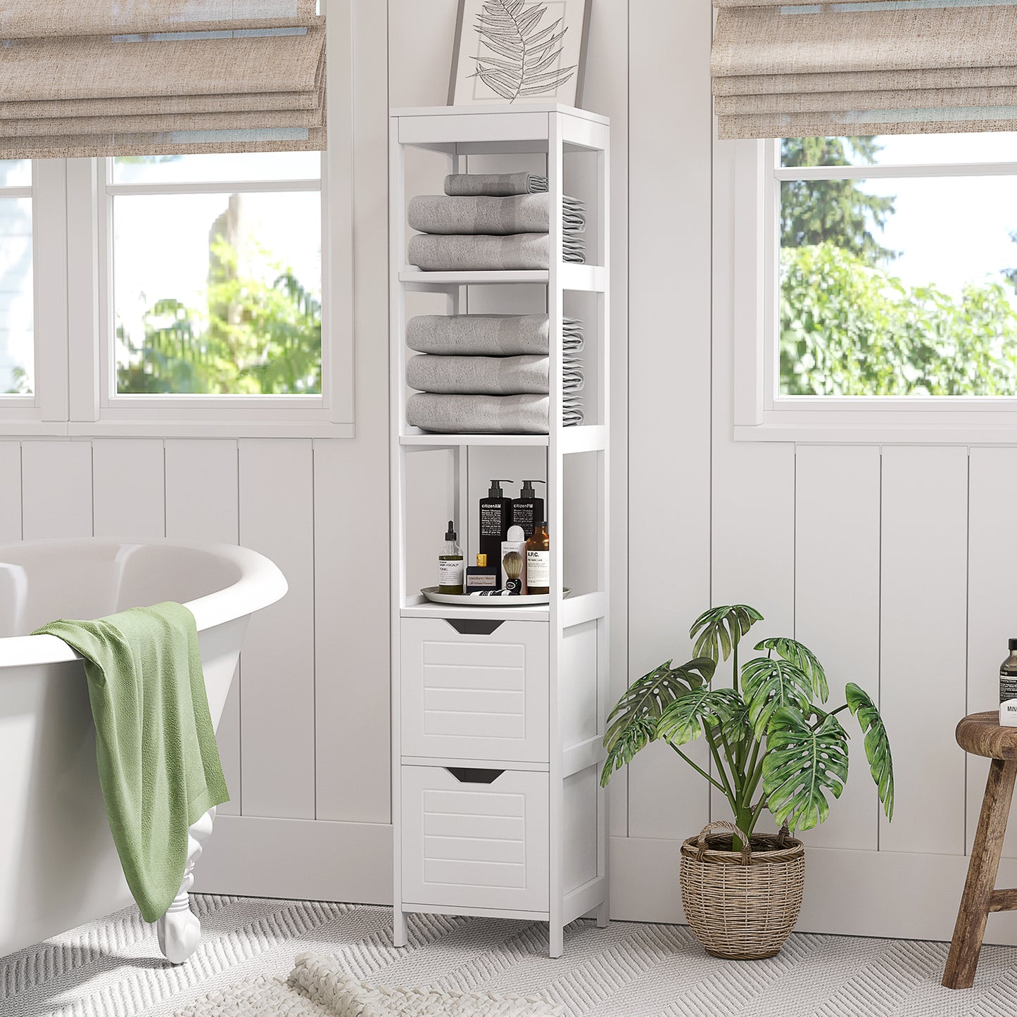 kleankin Armario Alto de Baño Multiusos Mueble Columna con 3 Estantes Abiertos y 2 Cajones de Almacenaje Diseño Antivuelco 30x30x144 cm Blanco