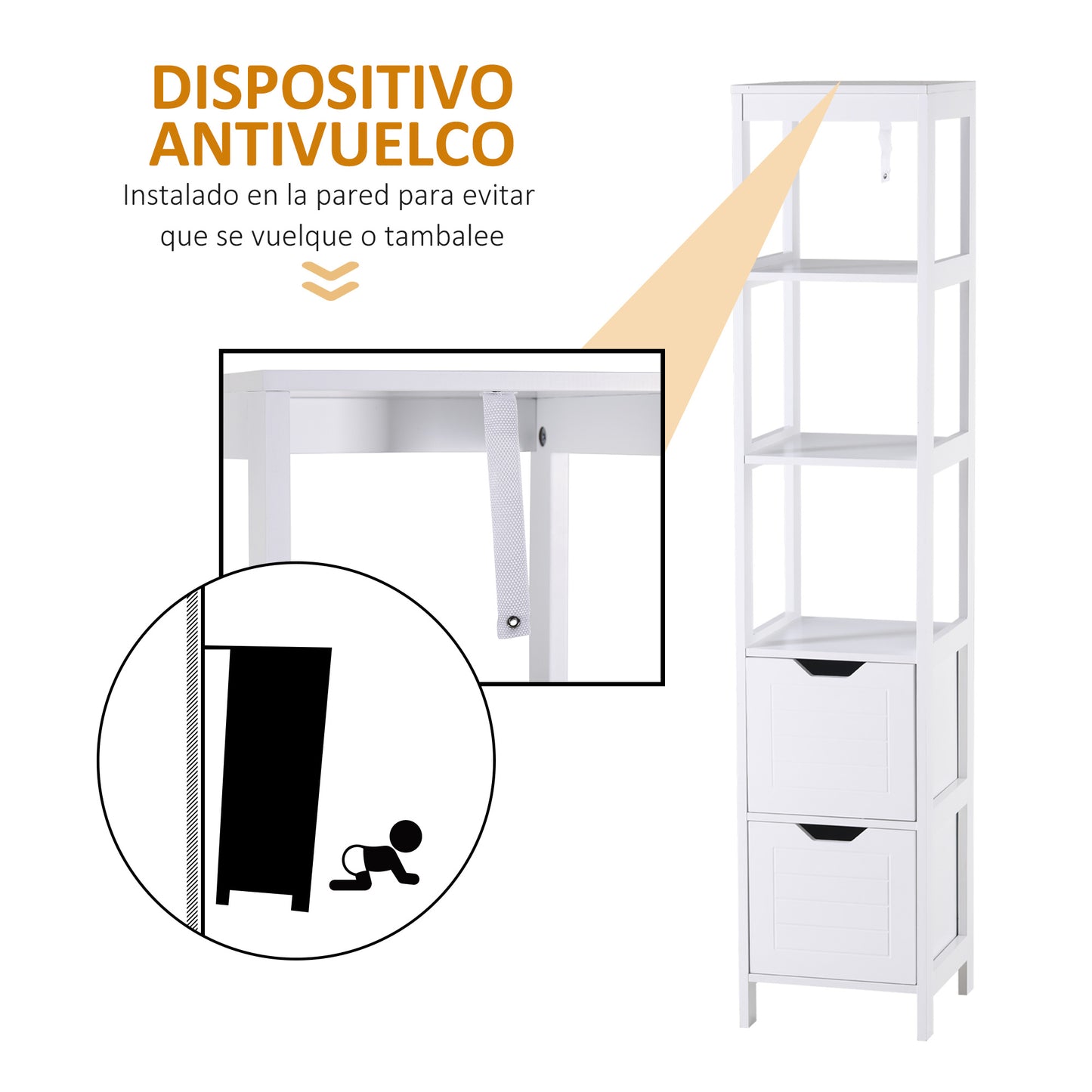 kleankin Armario Alto de Baño Multiusos Mueble Columna con 3 Estantes Abiertos y 2 Cajones de Almacenaje Diseño Antivuelco 30x30x144 cm Blanco