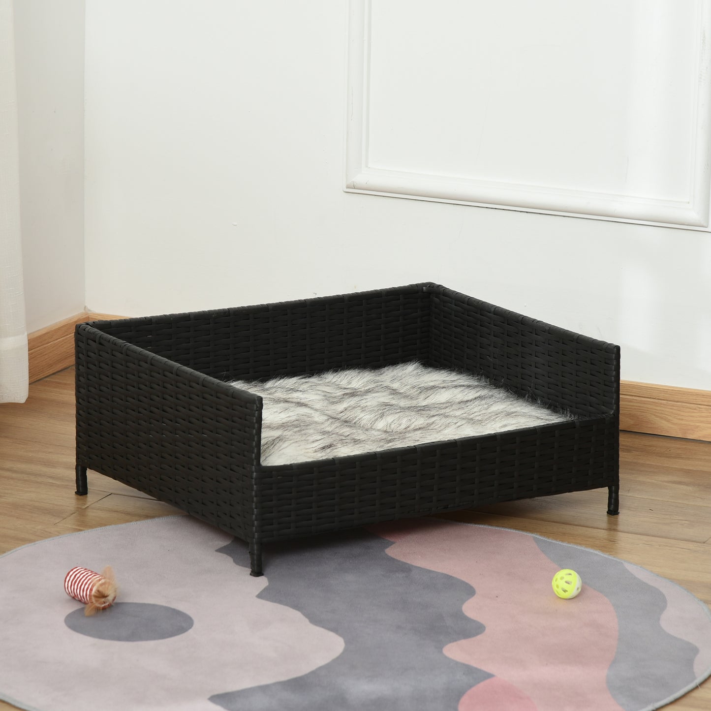 PawHut Sofá Cama para Perros de Ratán Cama Elevada Rectangular para Mascotas Gatos con Cojín Suave y Lavable para Hogar Interior 61x46x24,5 cm Negro