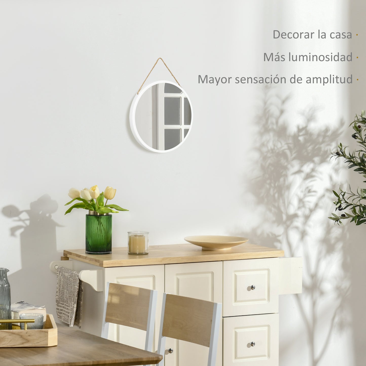 HOMCOM Espejo Decorativo de Pared 30x30 cm Espejo Redondo de Metal con Cuerda para Salón Dormitorio Entrada Estilo Moderno Blanco