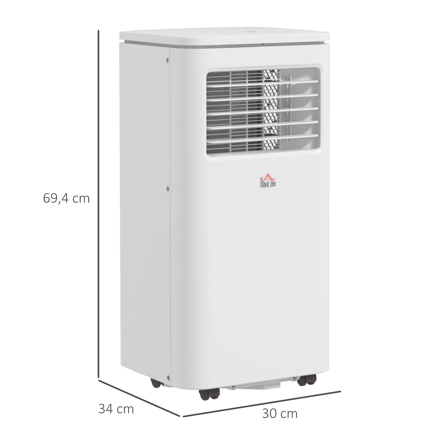 HOMCOM Aire Acondicionado Portátil 7000 BTU 760 W Refrigerador Ventilador Deshumidificador 20 L/día Silencio con Pantalla LED Control Remoto Temporizador para 8-15 m² 30x34x69,4 cm Blanco