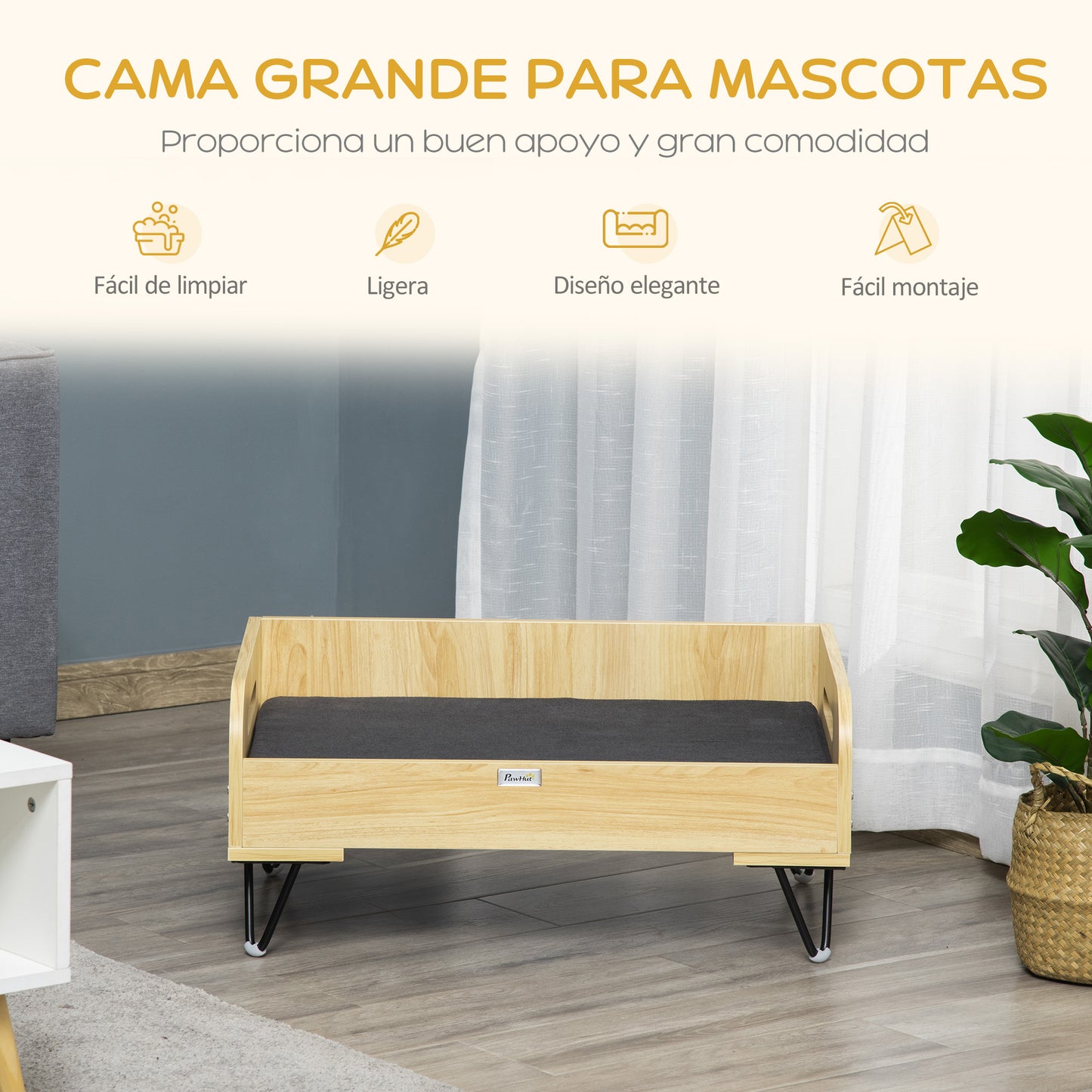 PawHut Cama de Madera para Perros Gatos Cama Cesta para Mascotas Pequeñas con Cojín Acolchado Asas y Patas de Acero 70x45x32 cm Roble y Negro