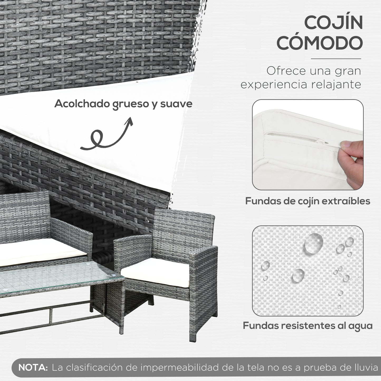 Outsunny Conjunto de Muebles de Jardín de Ratán 4 Piezas Juego de Muebles de Jardín Incluido 1 Sofá de 2 Plazas 2 Sillones y 1 Mesa de Centro con Tablero de Vidrio para Terraza Gris