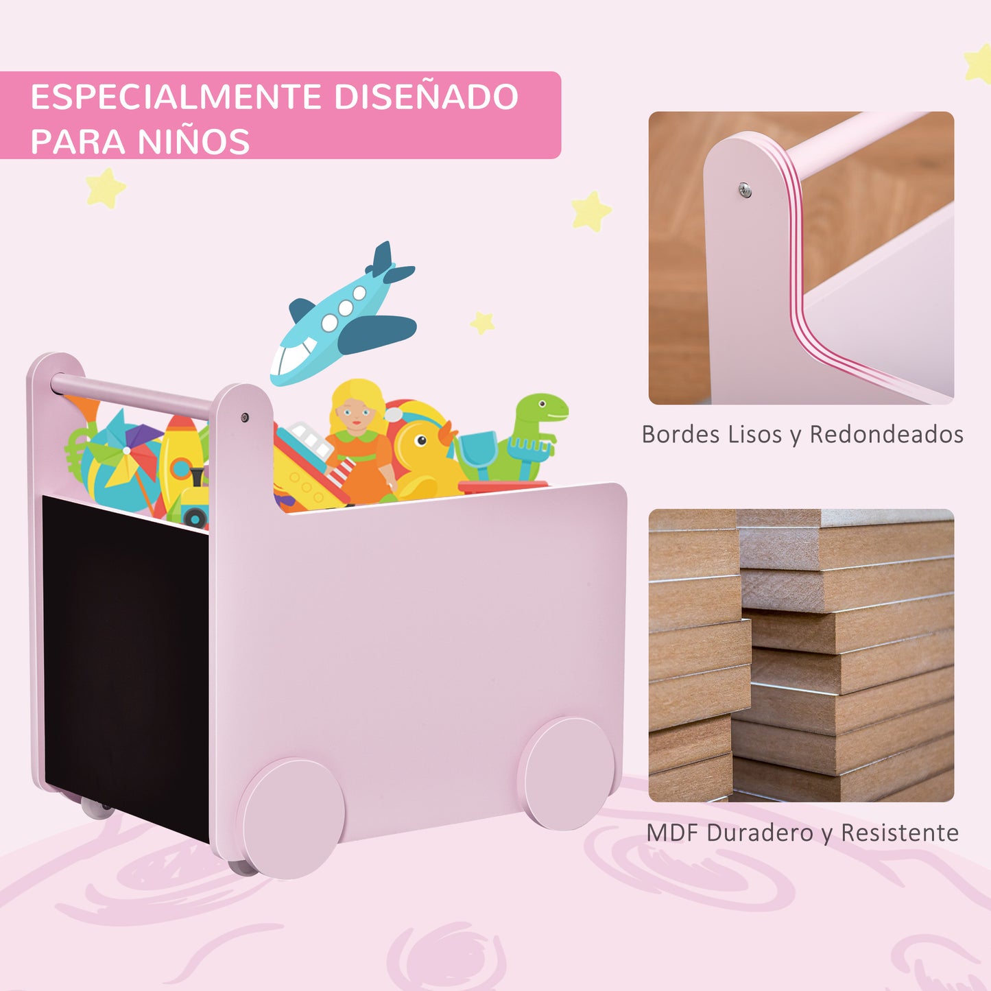 HOMCOM Caja de Almacenamiento de Juguetes Infantil con Ruedas Asa y 2 Pizarras de Escritura Baúl de Almacenaje para Habitación de Niños Guardería Sala de Juegos 47x35x45,5 cm Rosa