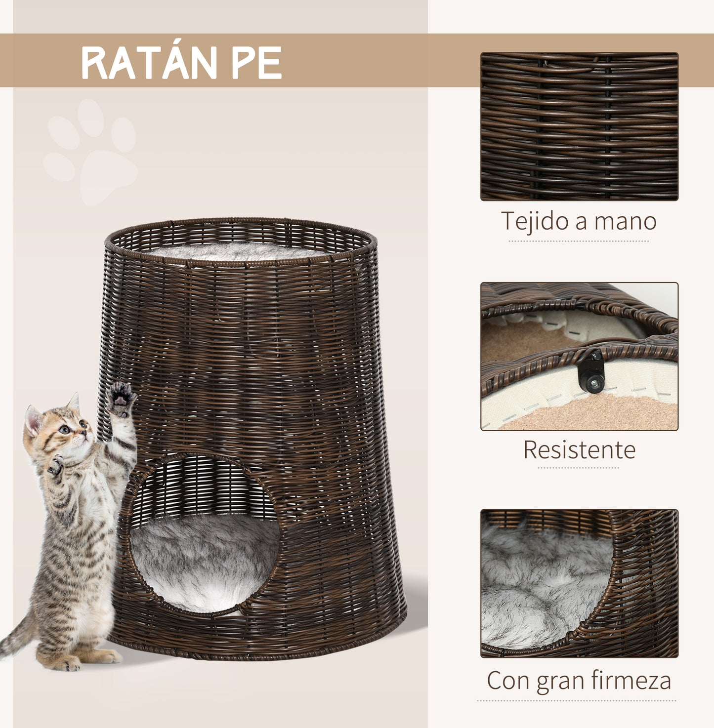 PawHut Cesta de Ratán para Gatos Cama Cueva de 2 Niveles con Cojines Lavables Ø45x50 cm Marrón Oscuro