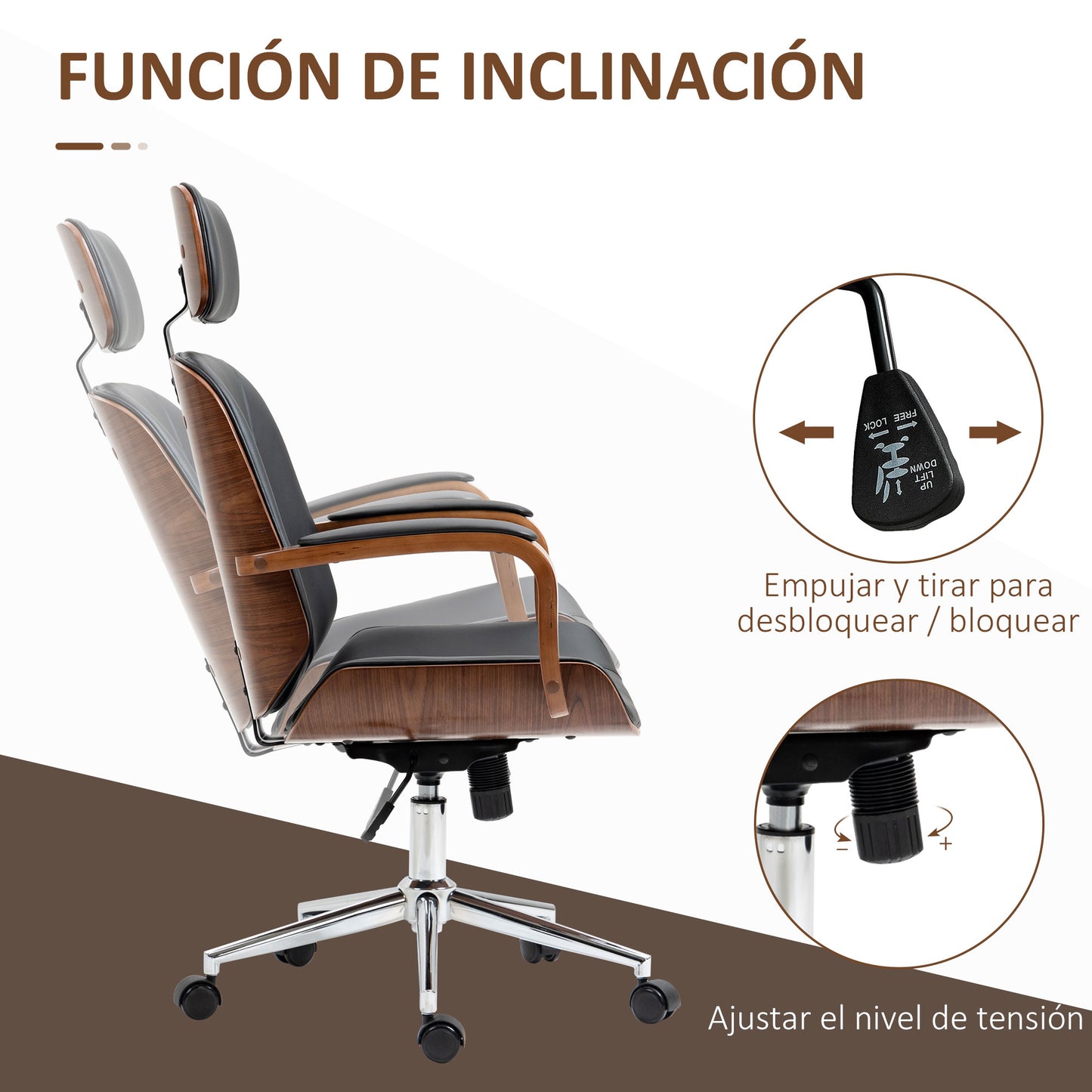 Vinsetto Silla de Oficina Ergonómica Silla de Escritorio Giratoria de Cuero PU con Reposacabezas Extraíble Altura Ajustable y Función de Inclinación 63x62x110-120 cm Negro