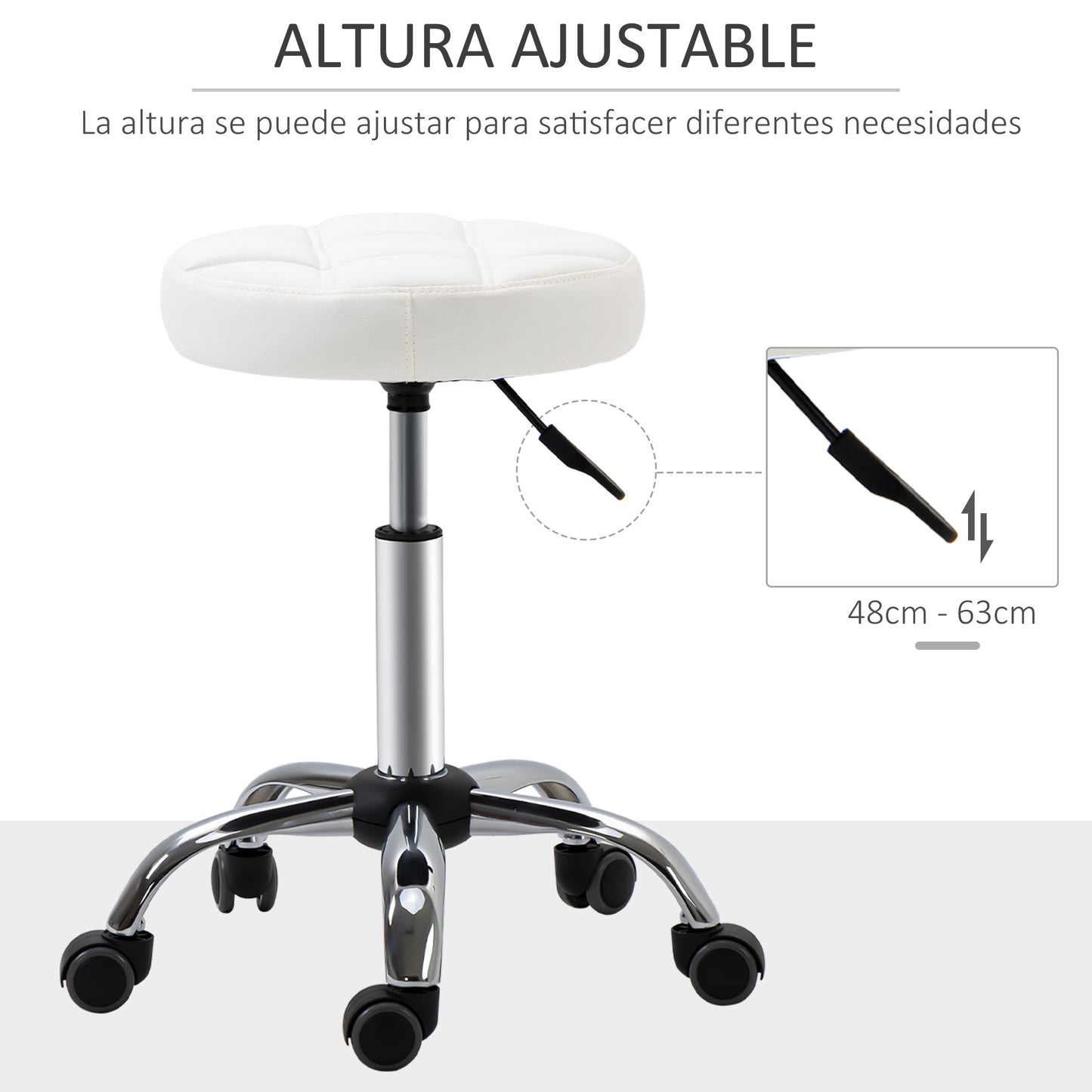 HOMCOM Taburete Giratorio con Ruedas Regulable en Altura de 48-63 cm Taburete de Trabajo Tapizado en Cuero PU para Peluquería Cosmética Dentista Diámetro Ø35,5 cm Blanco