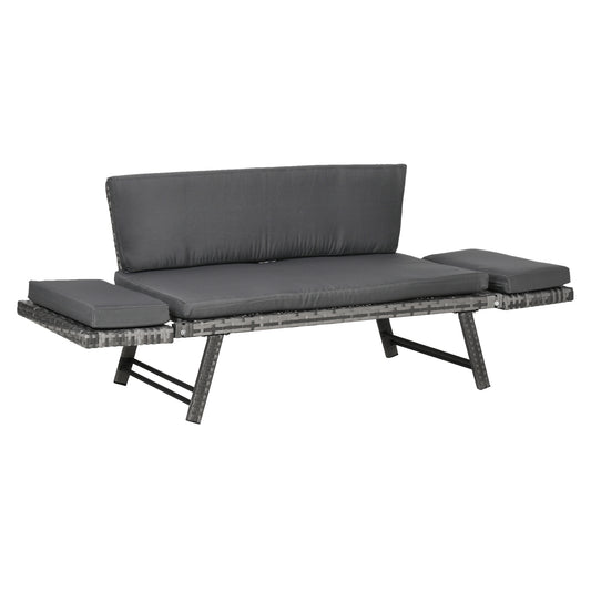 Outsunny Sofá de Ratán de 2 Plazas Convertible en Cama Individual con Reposabrazos Abatibles y Cojines Acolchados Jardín Patio Terraza 129x63x67 cm Gris