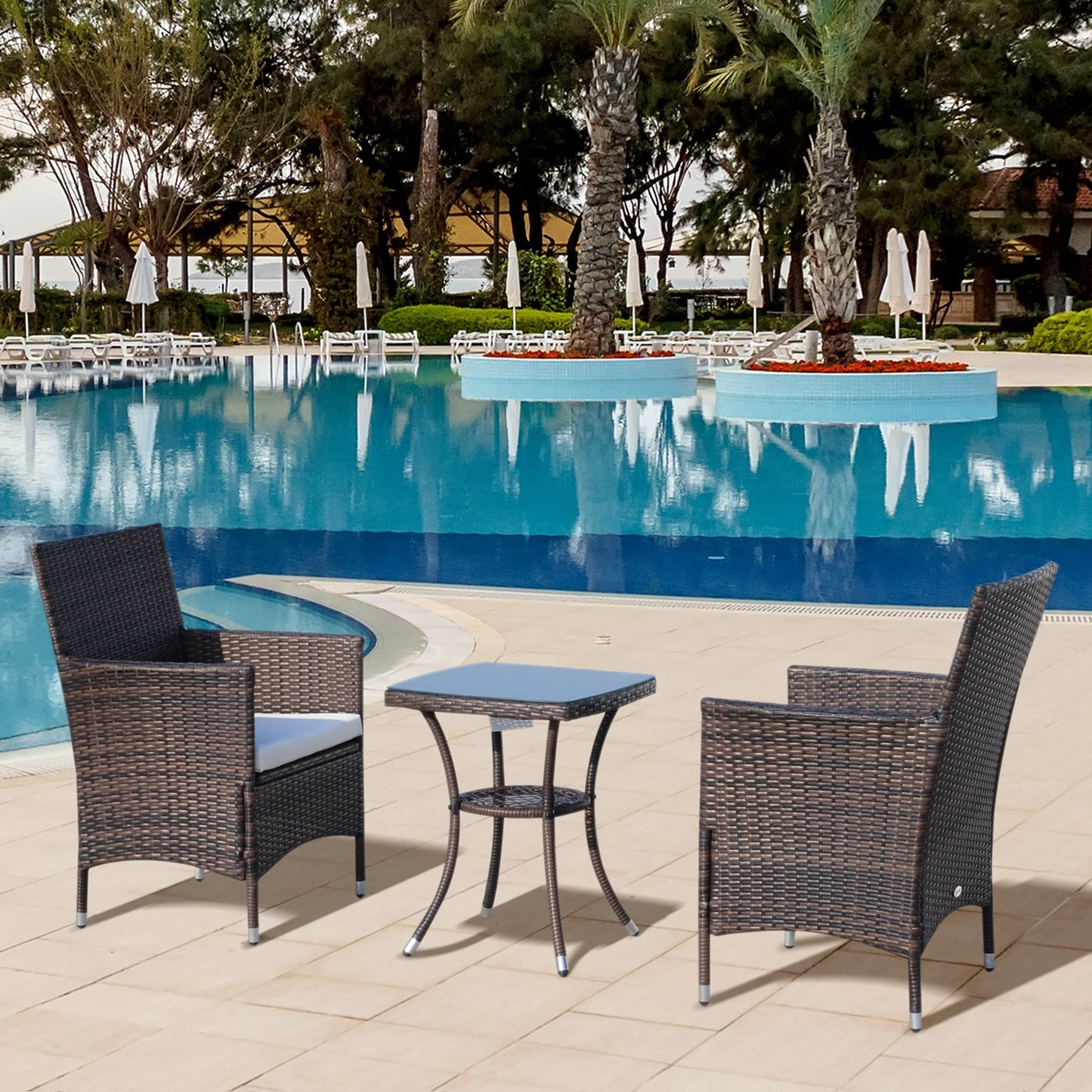 Outsunny Conjunto de Muebles para Jardín Juegos de Muebles de Ratán Incluye 1 Mesa y 2 Sillones con Cojines Estructura de Metal para Terraza Patio Marrón