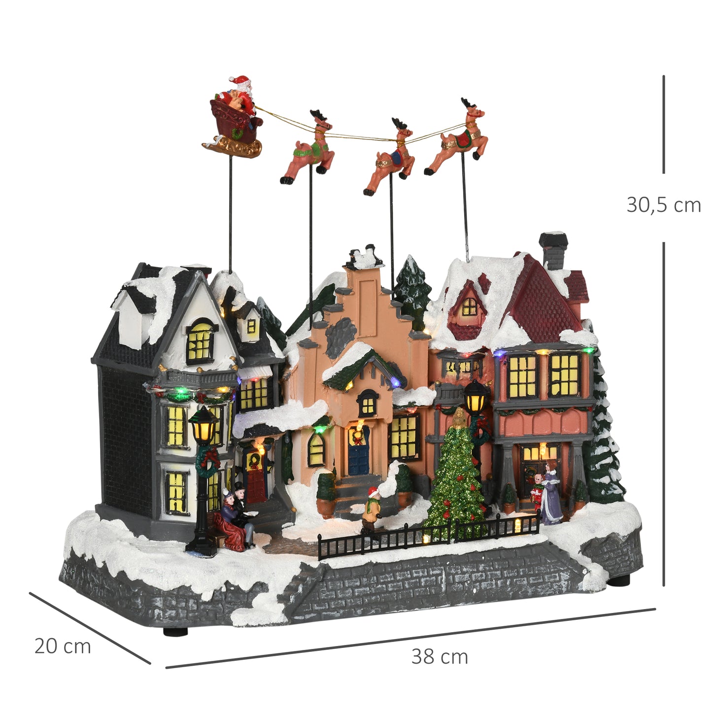 HOMCOM Pueblo Navideño Escena Navideña Iluminado con Luces LED Árbol de Navidad Papá Noel y Renos Móvil Decoración Navideña sobre Mesa 38,5x20,5x33 cm Multicolor