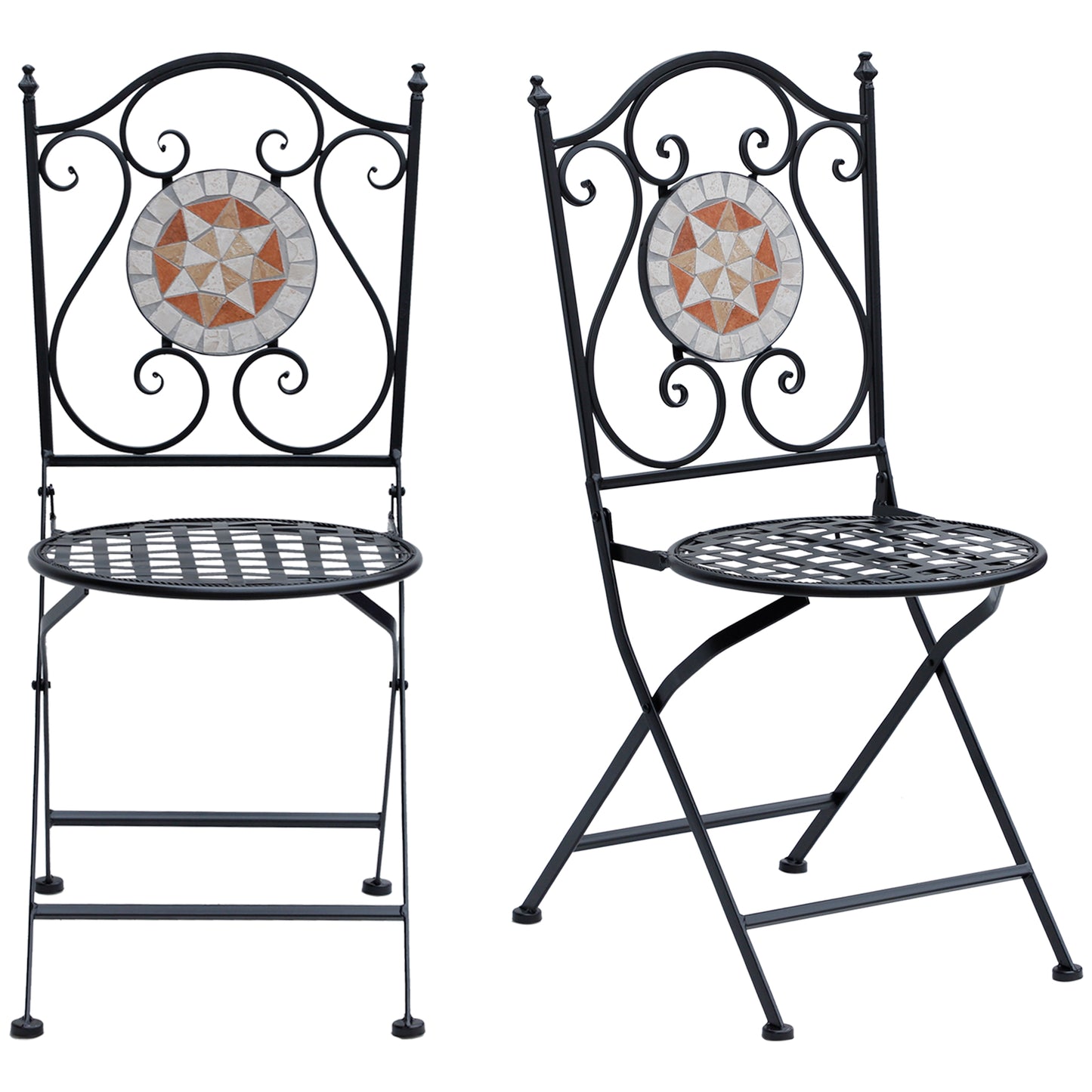 Outsunny Set de 2 Sillas Plegables de Jardín Bistro Silla Asiento Mosaico para Terraza Balcón Metal Carga 120 kg 50x40x94,5 cm Negro