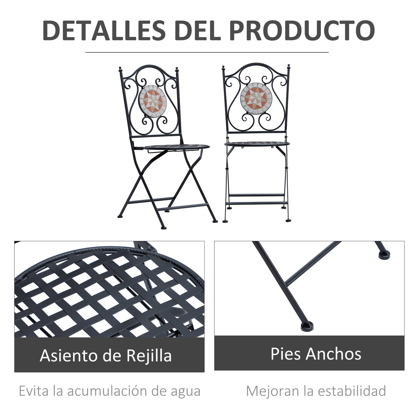 Outsunny Set de 2 Sillas Plegables de Jardín Bistro Silla Asiento Mosaico para Terraza Balcón Metal Carga 120 kg 50x40x94,5 cm Negro