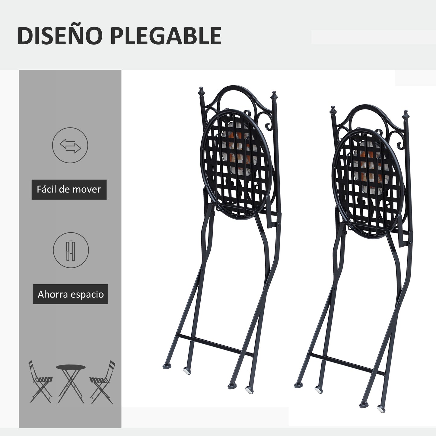 Outsunny Set de 2 Sillas Plegables de Jardín Bistro Silla Asiento Mosaico para Terraza Balcón Metal Carga 120 kg 50x40x94,5 cm Negro