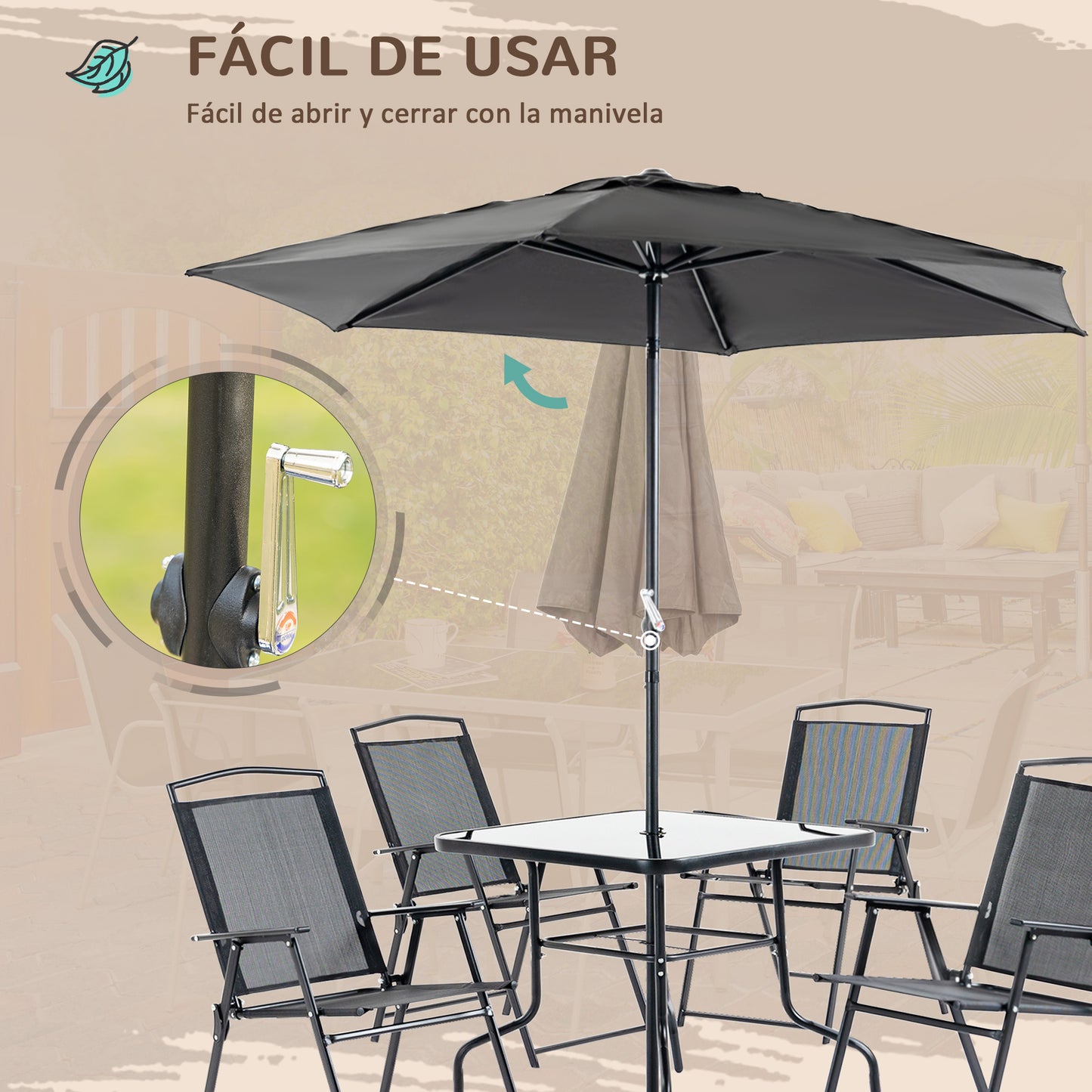 Outsunny Conjunto de Muebles de Jardín con 4 Sillas Plegables Mesa de Comedor de Vidrio y Sombrilla Inclinable Protección del Sol para Patio Terraza Exterior 80x80x70 cm Negro