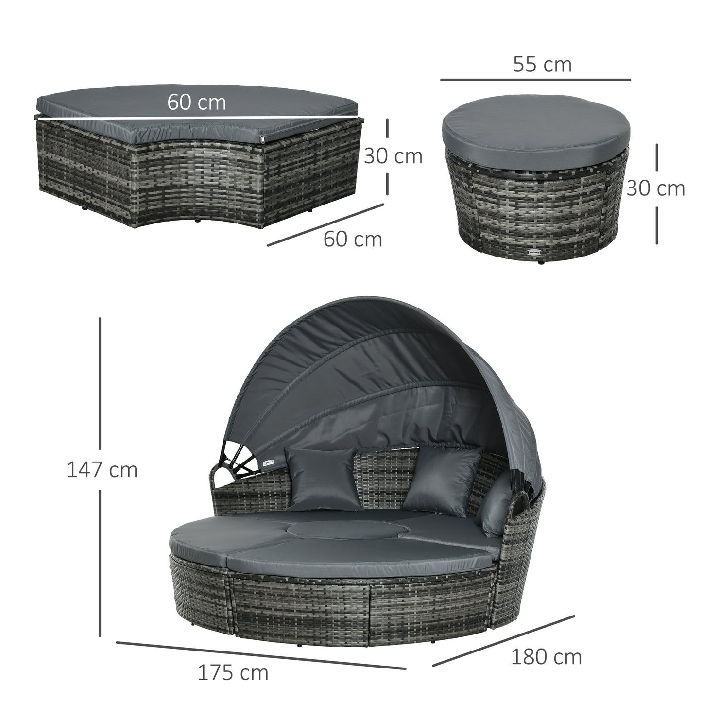 Outsunny Isla de Ratán Modular para Exterior 5 Piezas Tumbona Redonda con Toldo Plegable Cojines Extraíbles Lavables y 3 Almohadas Marco de Metal 175x180x147 cm Gris