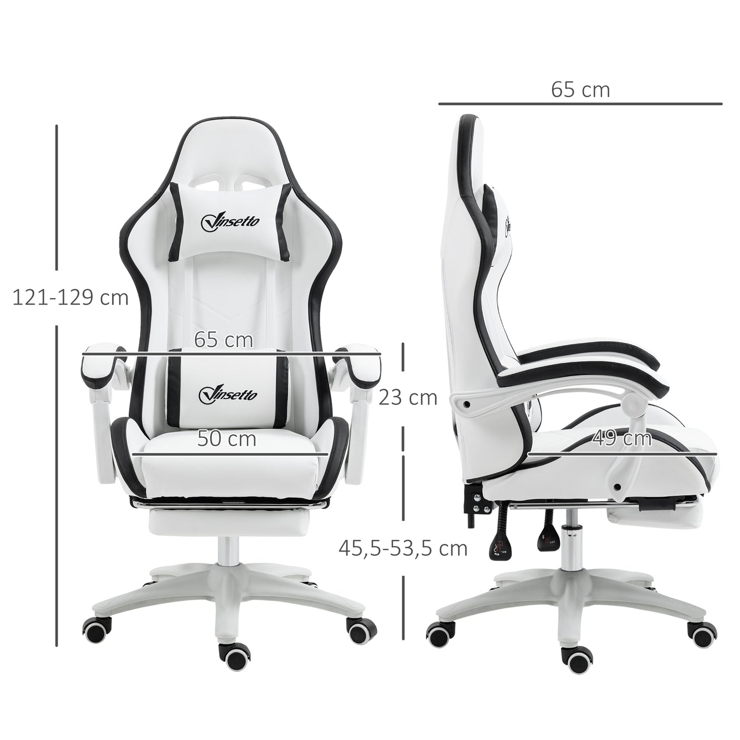 Vinsetto Silla Gaming Silla Gamer Racing de Cuero PU con Altura Ajustable Reclinable 135° Reposacabezas y Reposapiés Retráctil para Oficina Estudio 65x65x121-129 cm Blanco