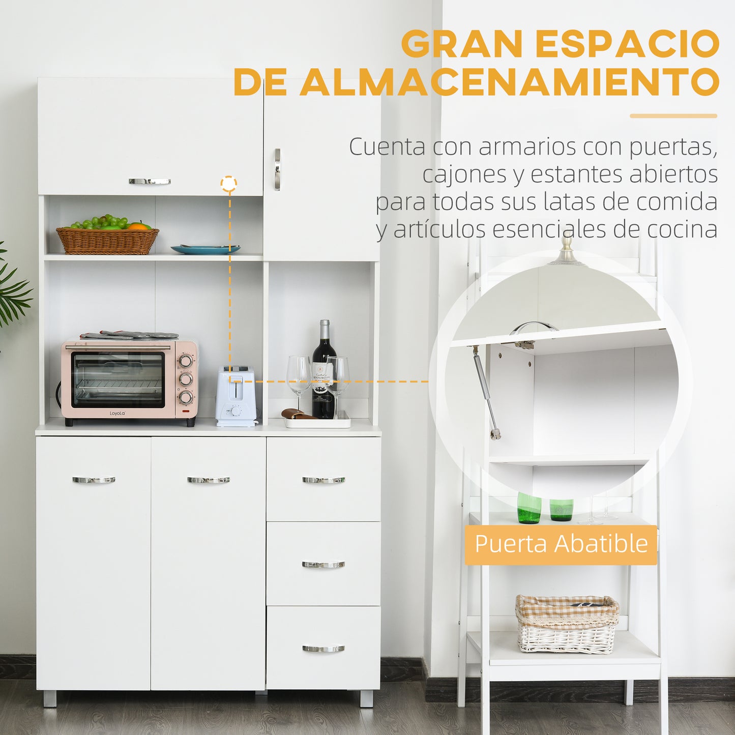 HOMCOM Alacena de Cocina Armario de Cocina Moderno Mueble Auxiliar de Comedor con 3 Cajones 4 Puertas y Estantes Ajustables para Salón 100x39,5x183,5 cm Blanco