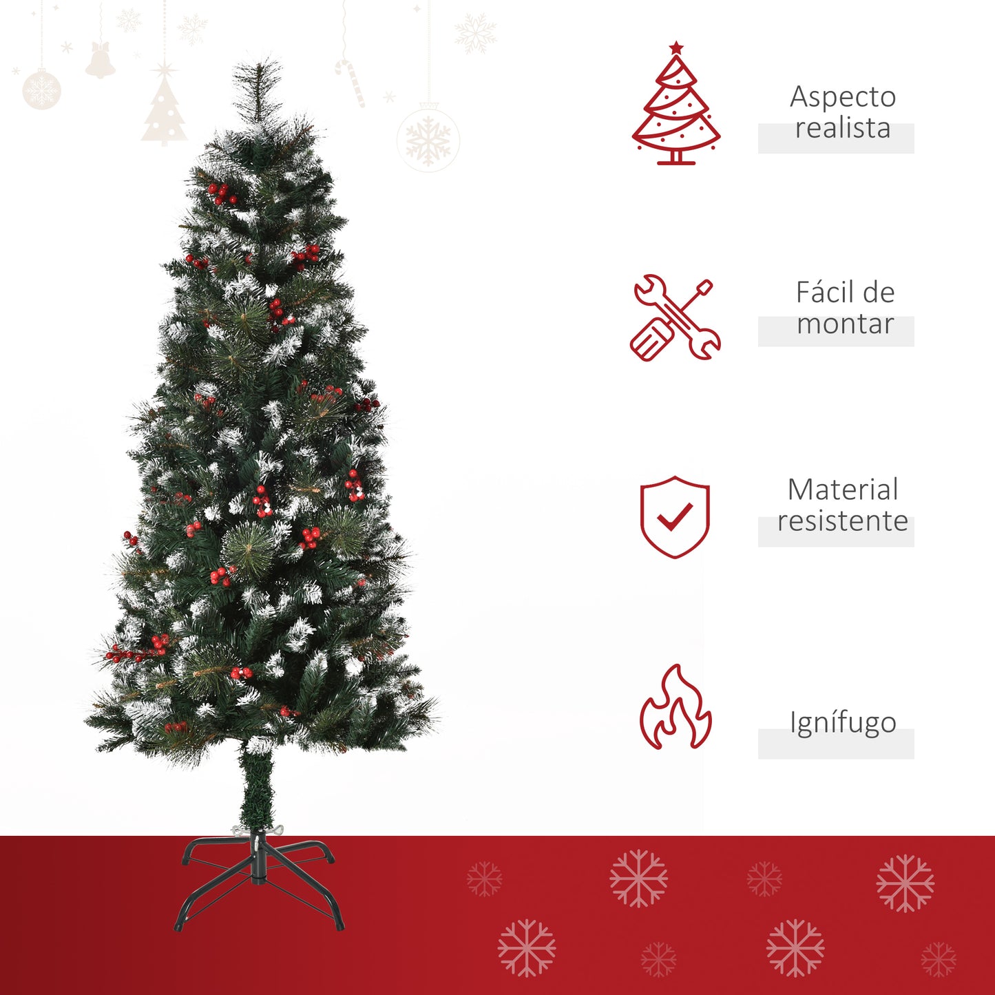 HOMCOM Árbol de Navidad Artificial con Nieve 150 cm Ignífugo con 360 Ramas 38 Bayas Base Plegable y Soporte Metálico Decoración Navideña para Interiores Verde