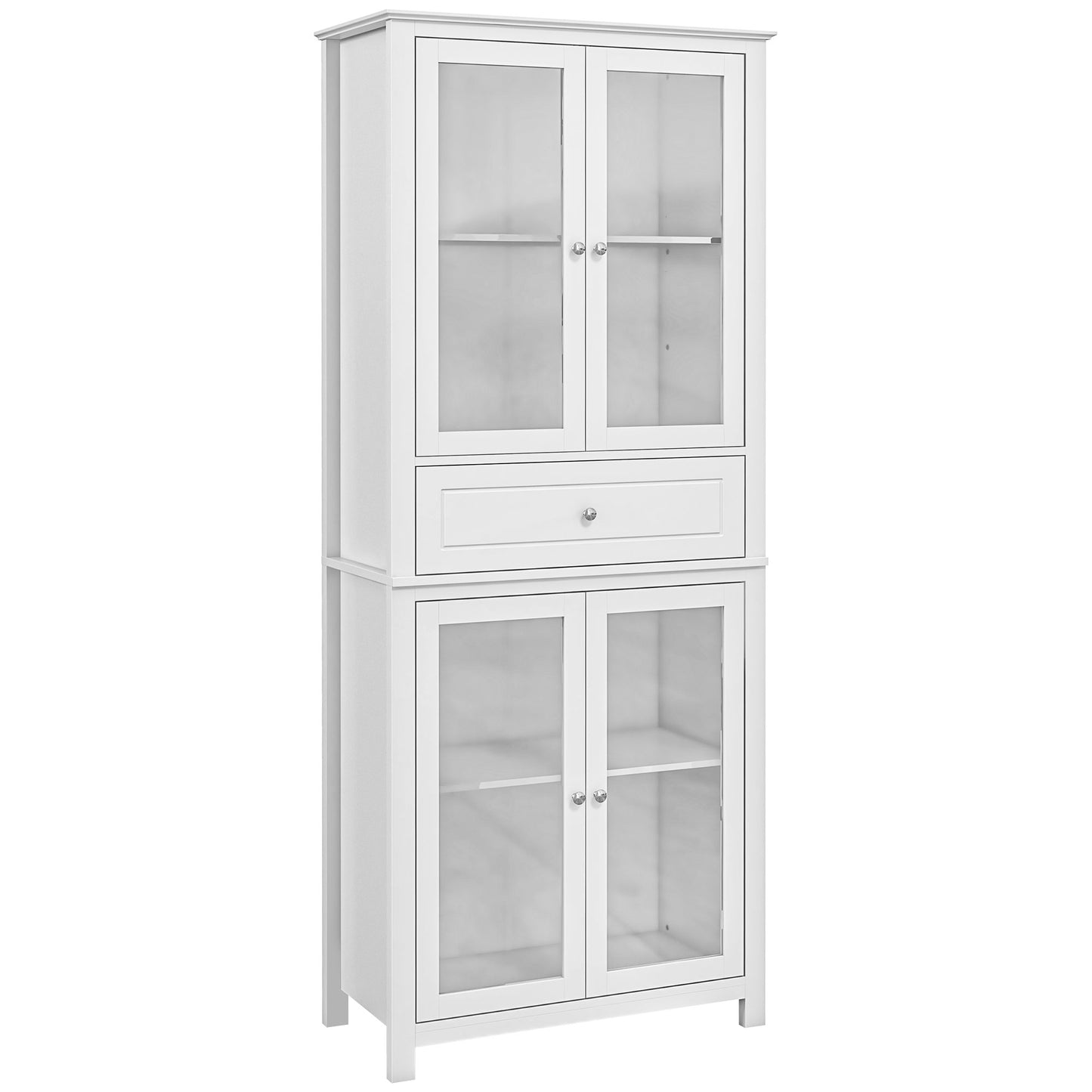 HOMCOM Alacena de Cocina Mueble Vitrina con 4 Puertas de Vidrio Templado Cajón y Estantes Ajustables para Salón Comedor 74x35,5x181,5 cm Blanco