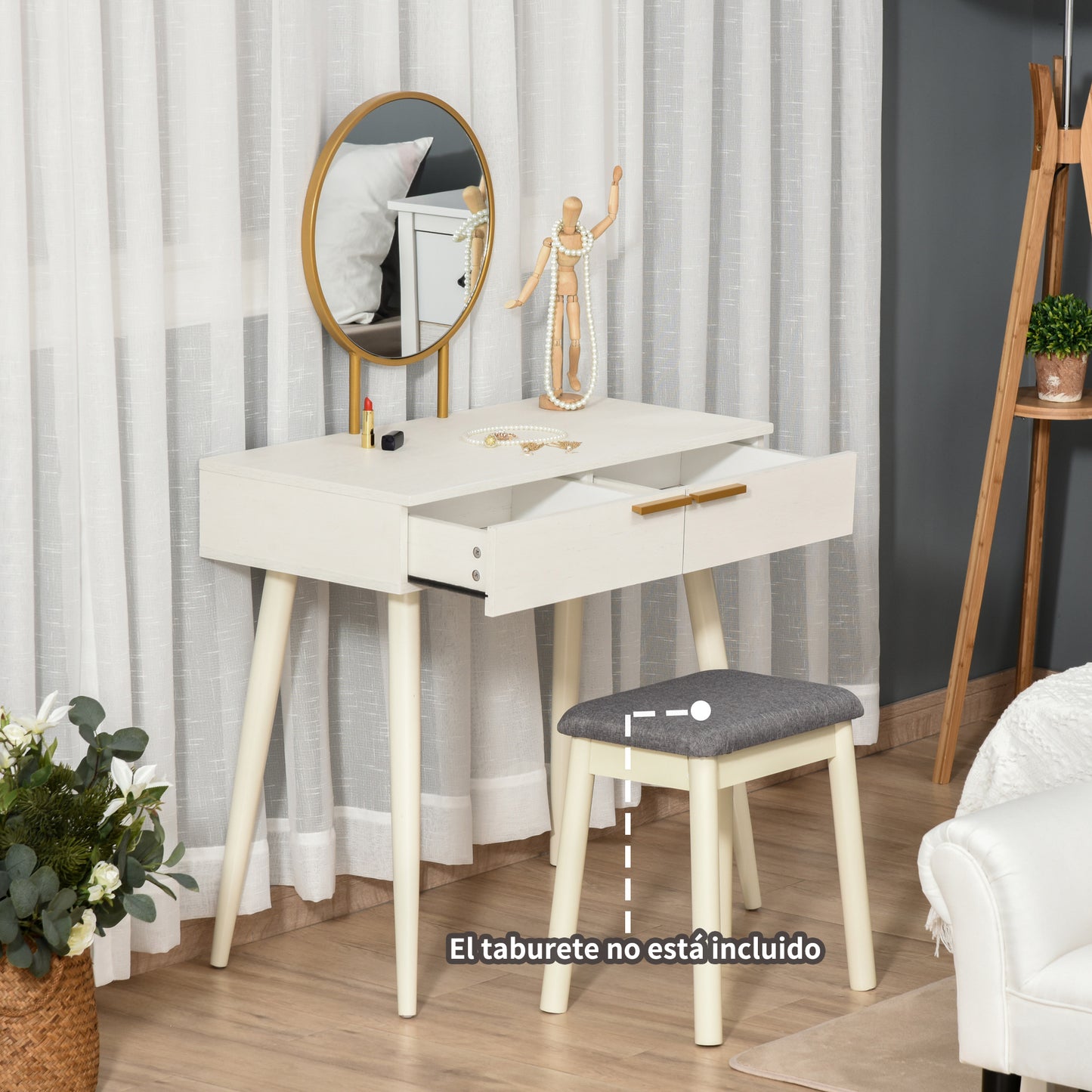 HOMCOM Tocador con Espejo Redondo Mesa de Maquillaje con 2 Cajones Estilo Moderno para Dormitorio Vestuario 80x40x123 cm Blanco