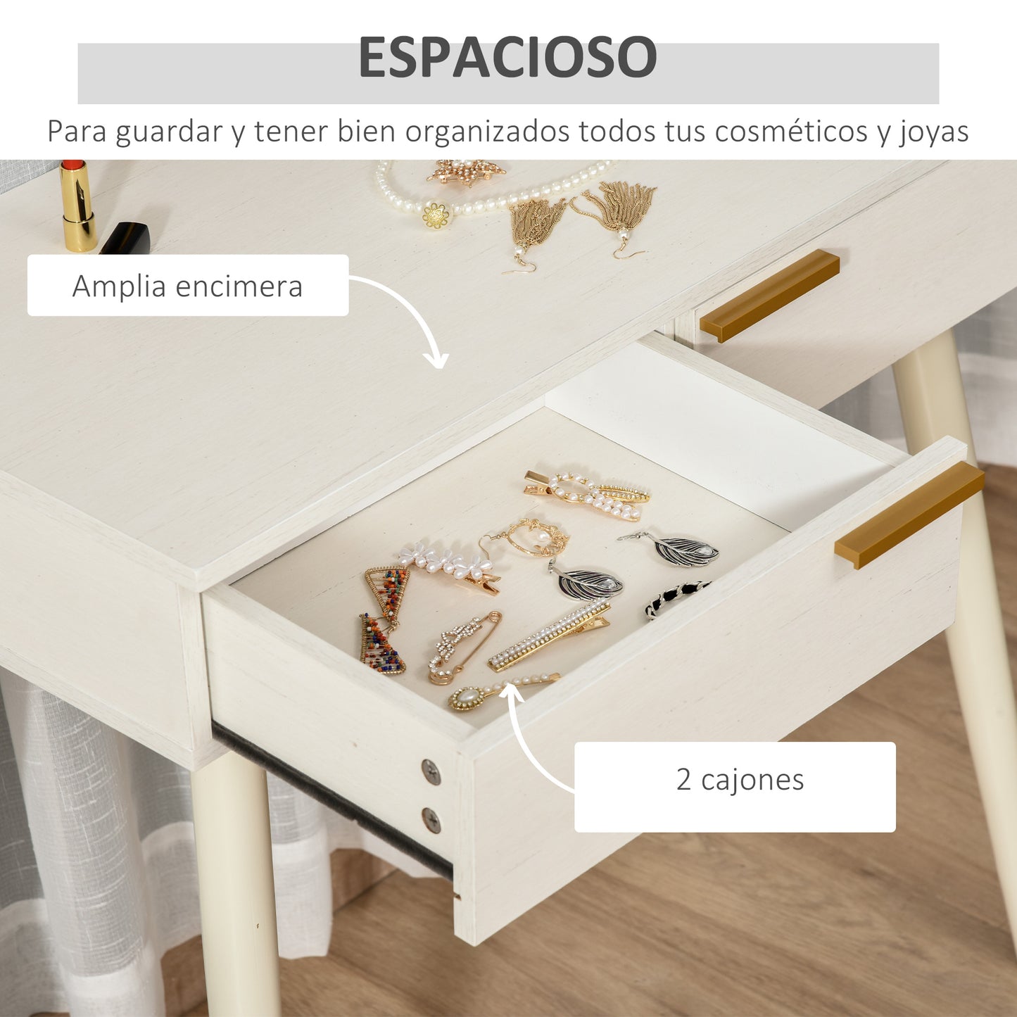 HOMCOM Tocador con Espejo Redondo Mesa de Maquillaje con 2 Cajones Estilo Moderno para Dormitorio Vestuario 80x40x123 cm Blanco