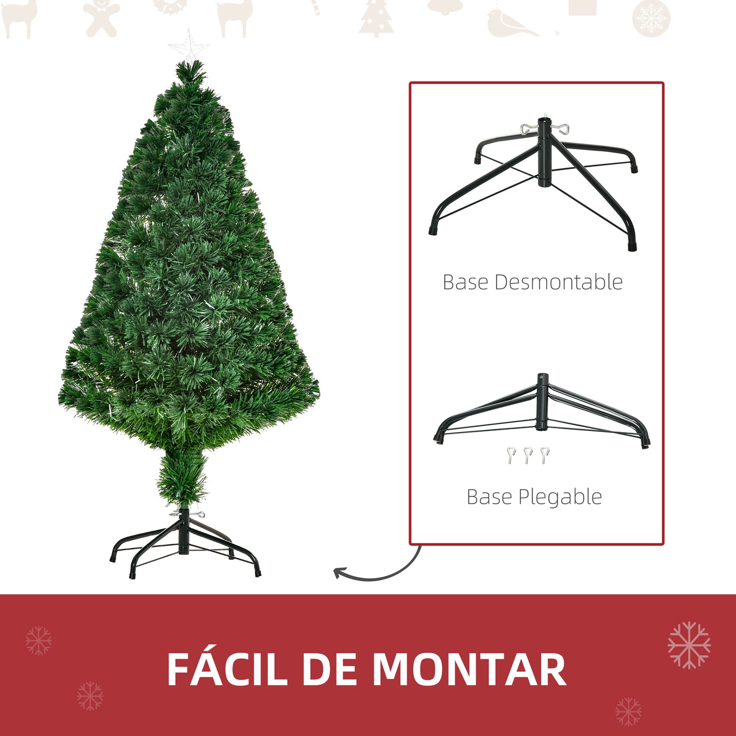 HOMCOM Árbol de Navidad 120cm Artificial Árboles de Abeto con Soporte Fibra Óptica Brillante Multicolor Ignífugo