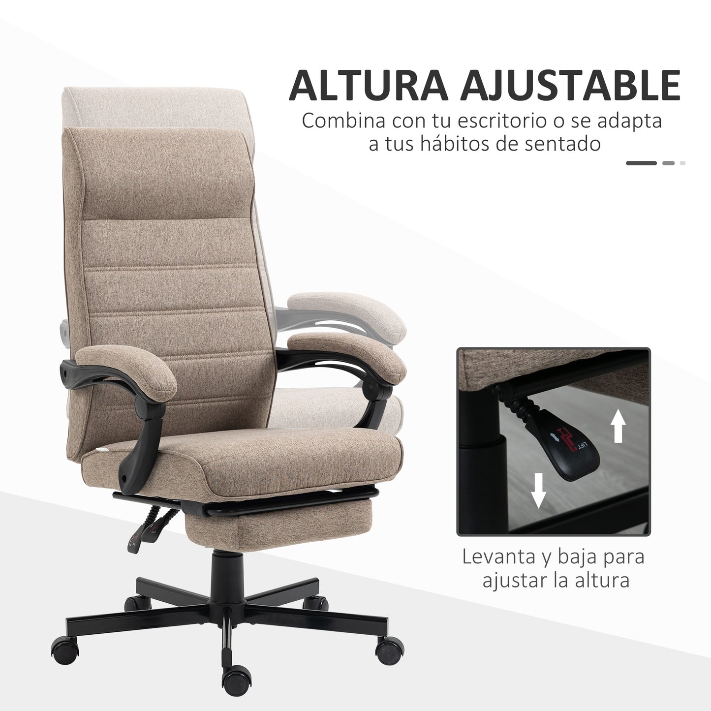 Vinsetto Silla de Escritorio Reclinable Silla de Oficina Giratoria con Altura Ajustable Reposapiés Retráctil y Reposabrazos Silla para Estudio Carga 120 kg Marrón