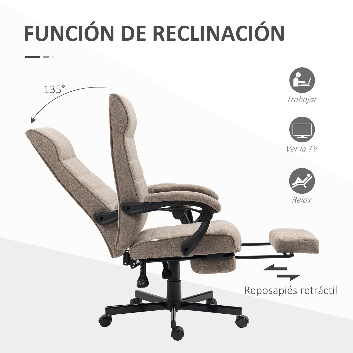 Vinsetto Silla de Escritorio Reclinable Silla de Oficina Giratoria con Altura Ajustable Reposapiés Retráctil y Reposabrazos Silla para Estudio Carga 120 kg Marrón