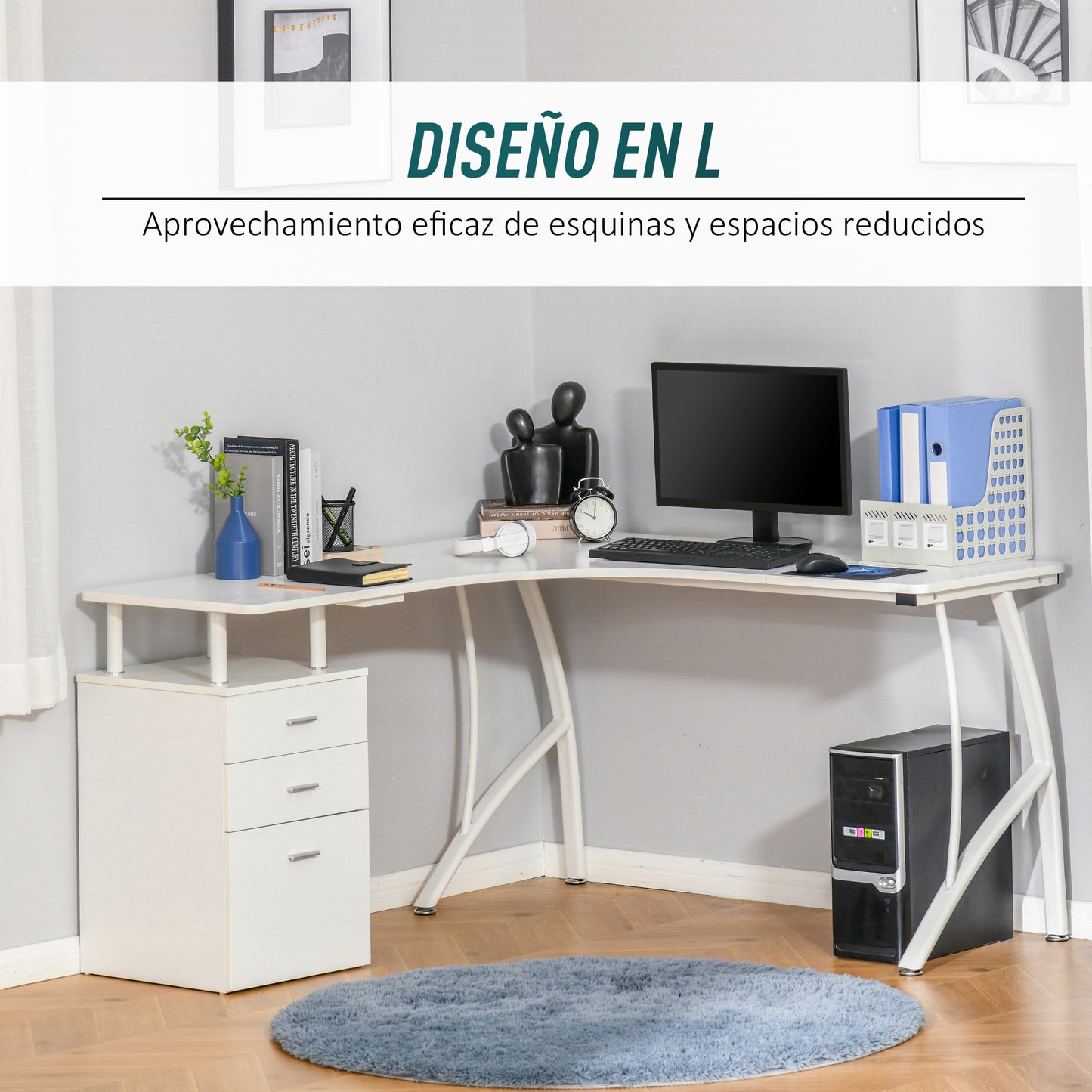 HOMCOM Escritorio Esquinero para Ordenador Escritorio en Forma de L con 3 Cajones Mesa Moderna para Oficina Estudio 152x143,5x76 cm Blanco