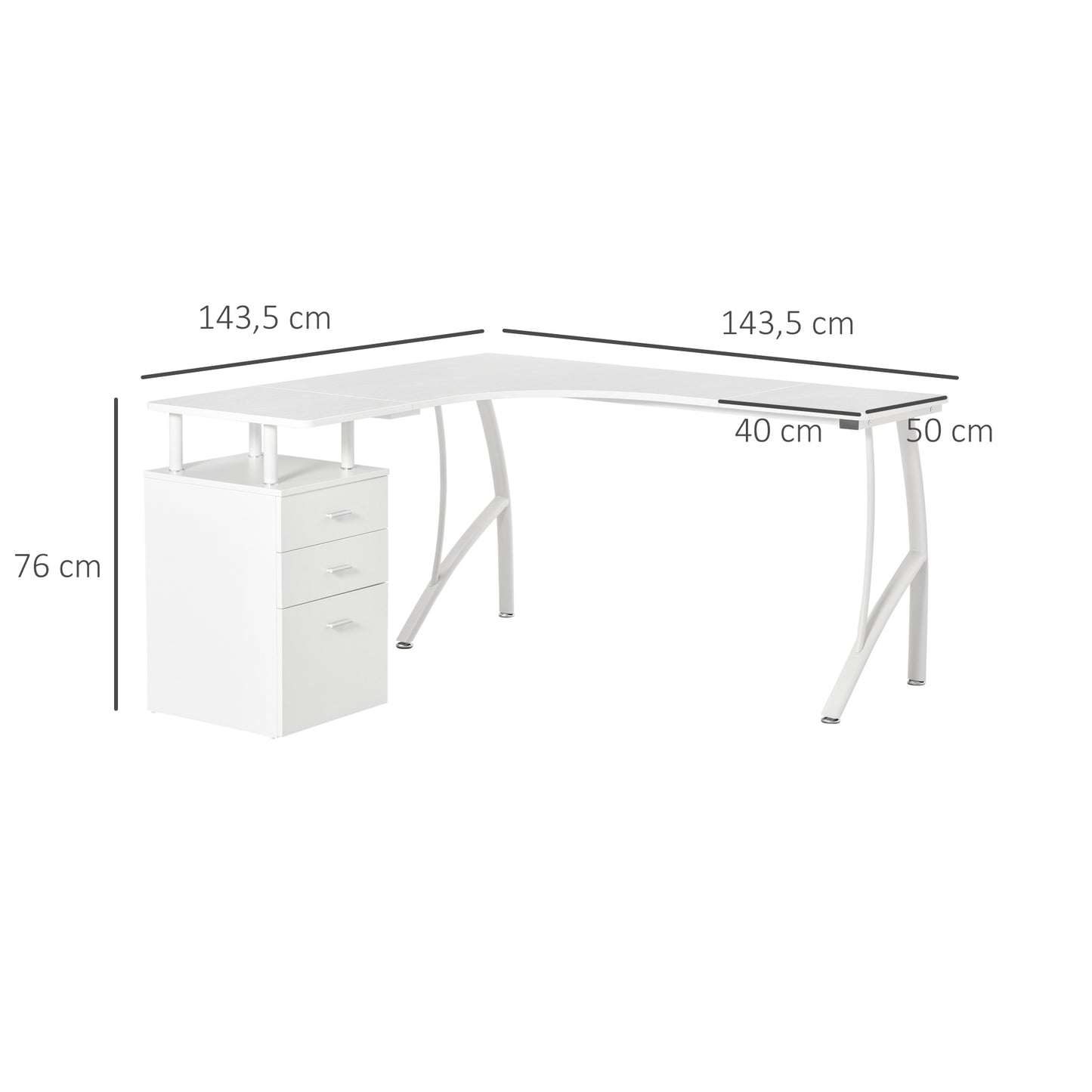 HOMCOM Escritorio Esquinero para Ordenador Escritorio en Forma de L con 3 Cajones Mesa Moderna para Oficina Estudio 152x143,5x76 cm Blanco