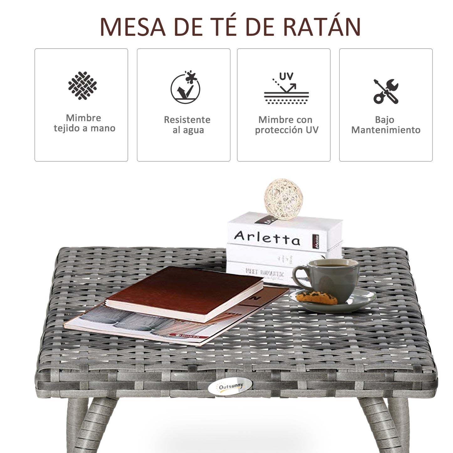 Outsunny Mesa de Jardín de Ratán Mesita Auxiliar con Patas de Metal Carga 30 kg Mesa de Exterior para Patio Terraza Balcón 45x45x44 cm Gris