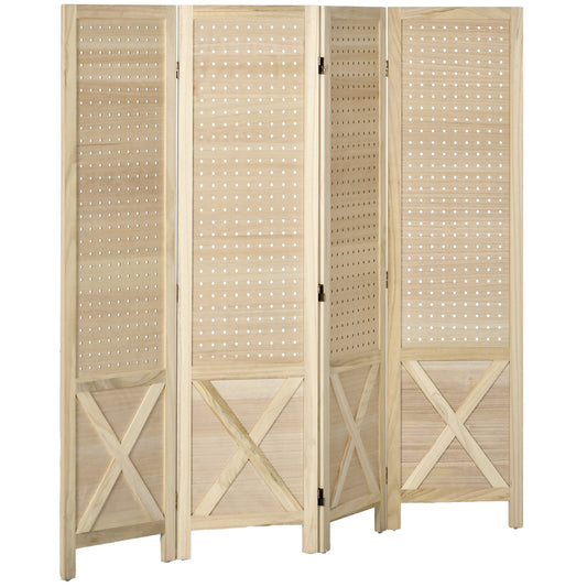 HOMCOM Biombo de 4 Paneles Divisor de Habitación Plegable 152x1,7x144,5 cm Separador de Ambientes con Pantalla de Privacidad Agujeros para Colgar para Oficina Dormitorio Salón Natural