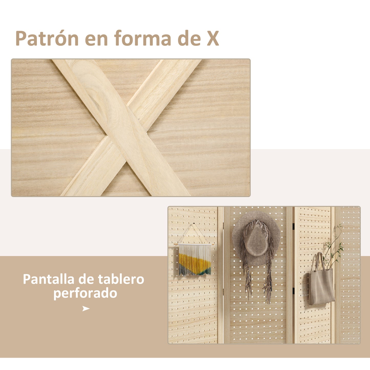 HOMCOM Biombo de 4 Paneles Divisor de Habitación Plegable 152x1,7x144,5 cm Separador de Ambientes con Pantalla de Privacidad Agujeros para Colgar para Oficina Dormitorio Salón Natural