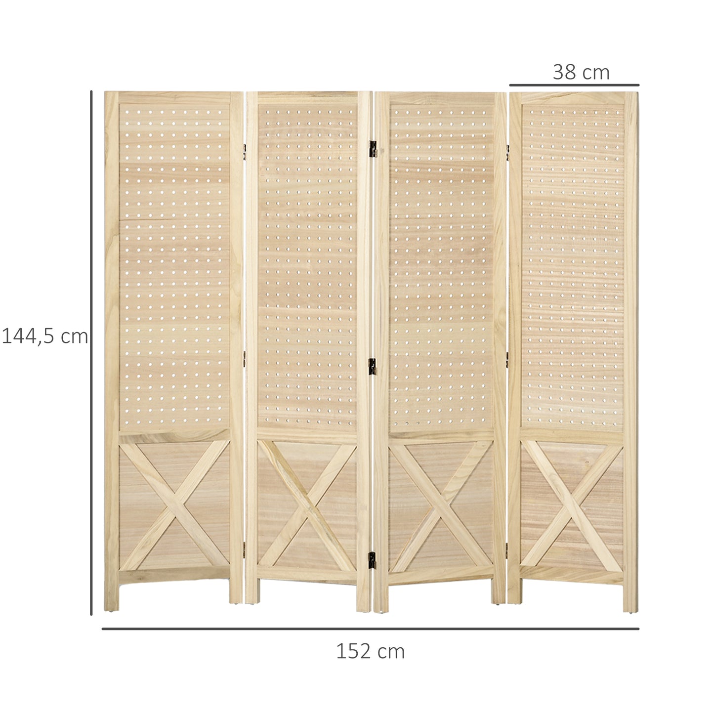 HOMCOM Biombo de 4 Paneles Divisor de Habitación Plegable 152x1,7x144,5 cm Separador de Ambientes con Pantalla de Privacidad Agujeros para Colgar para Oficina Dormitorio Salón Natural