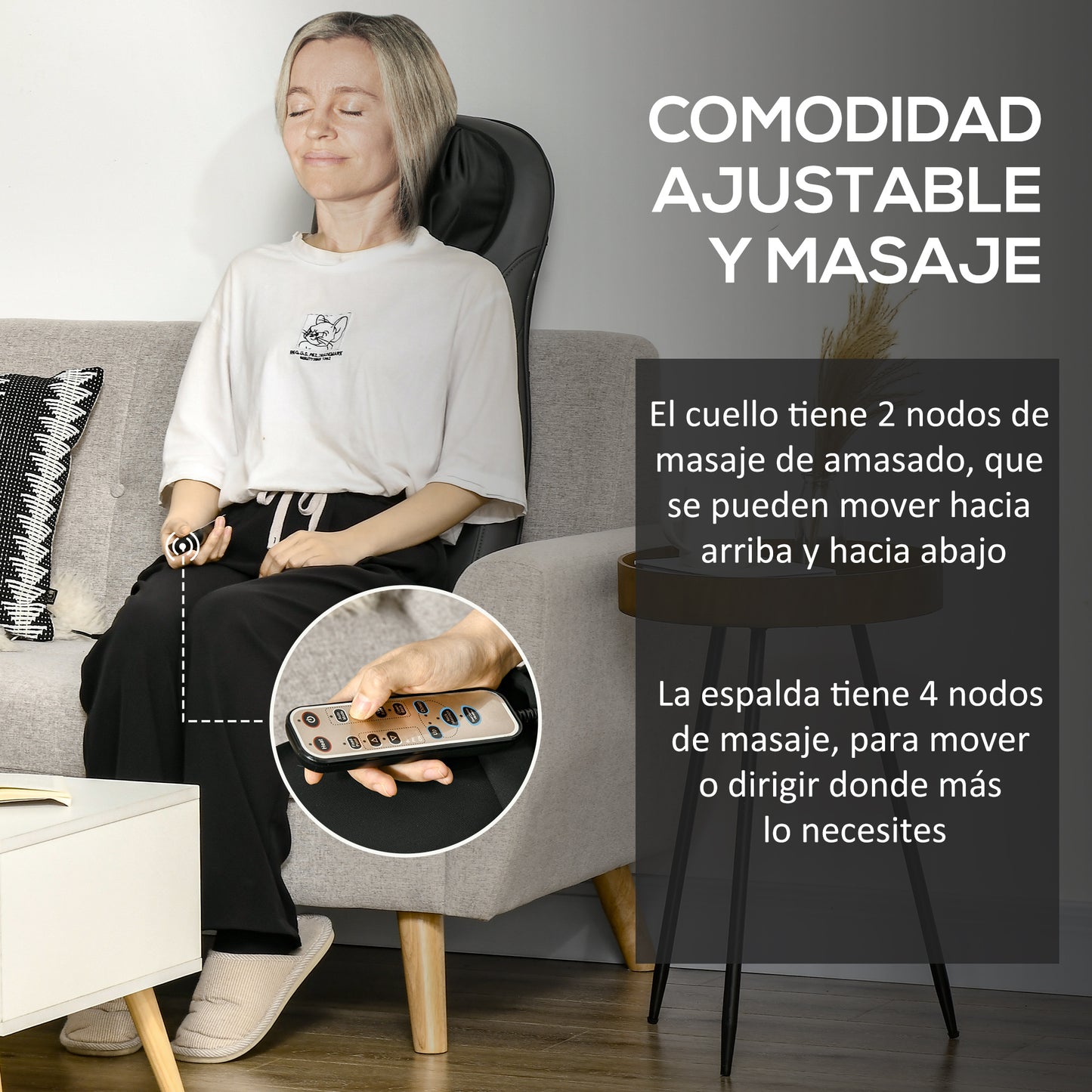 HOMCOM Masajeador de Asiento con Calor Cojín de Asiento de Masaje Shiatsu y Vibración con 8 Puntos Altura del Cuello Ajustable Mando a Distancia y Bolsillo Lateral para Oficina Coche 45x39x78 cm Negro