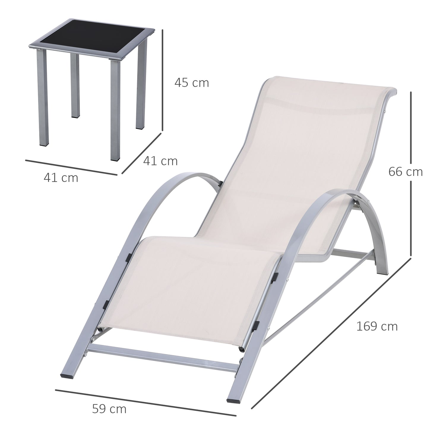 Outsunny Set de 2 Tumbonas de Jardín 59x169x66 cm con Mesa de Café 41x41x45 cm de Vidrio Templado Reposabrazos para Patio Piscina Terraza Aire Libre Beige