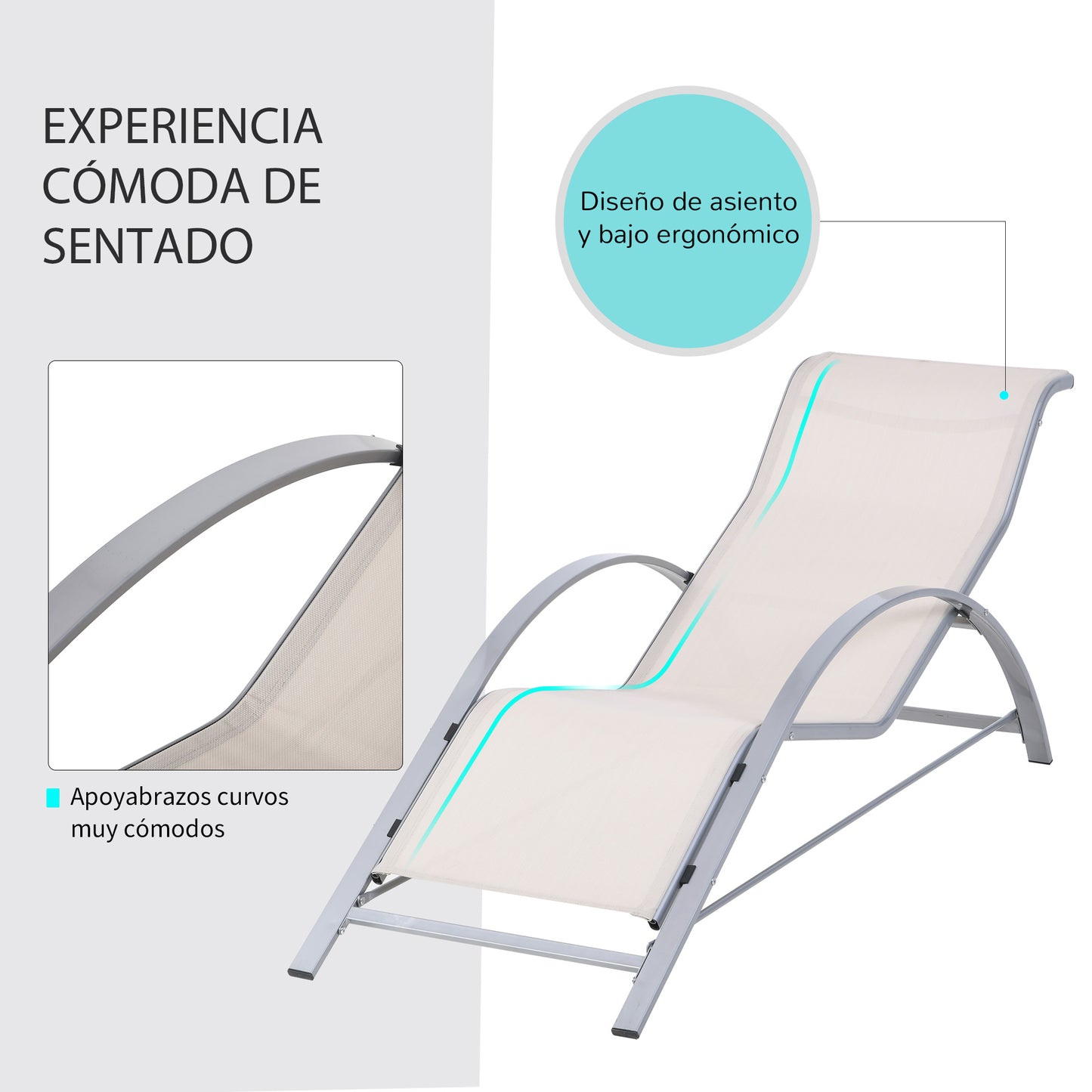 Outsunny Set de 2 Tumbonas de Jardín 59x169x66 cm con Mesa de Café 41x41x45 cm de Vidrio Templado Reposabrazos para Patio Piscina Terraza Aire Libre Beige