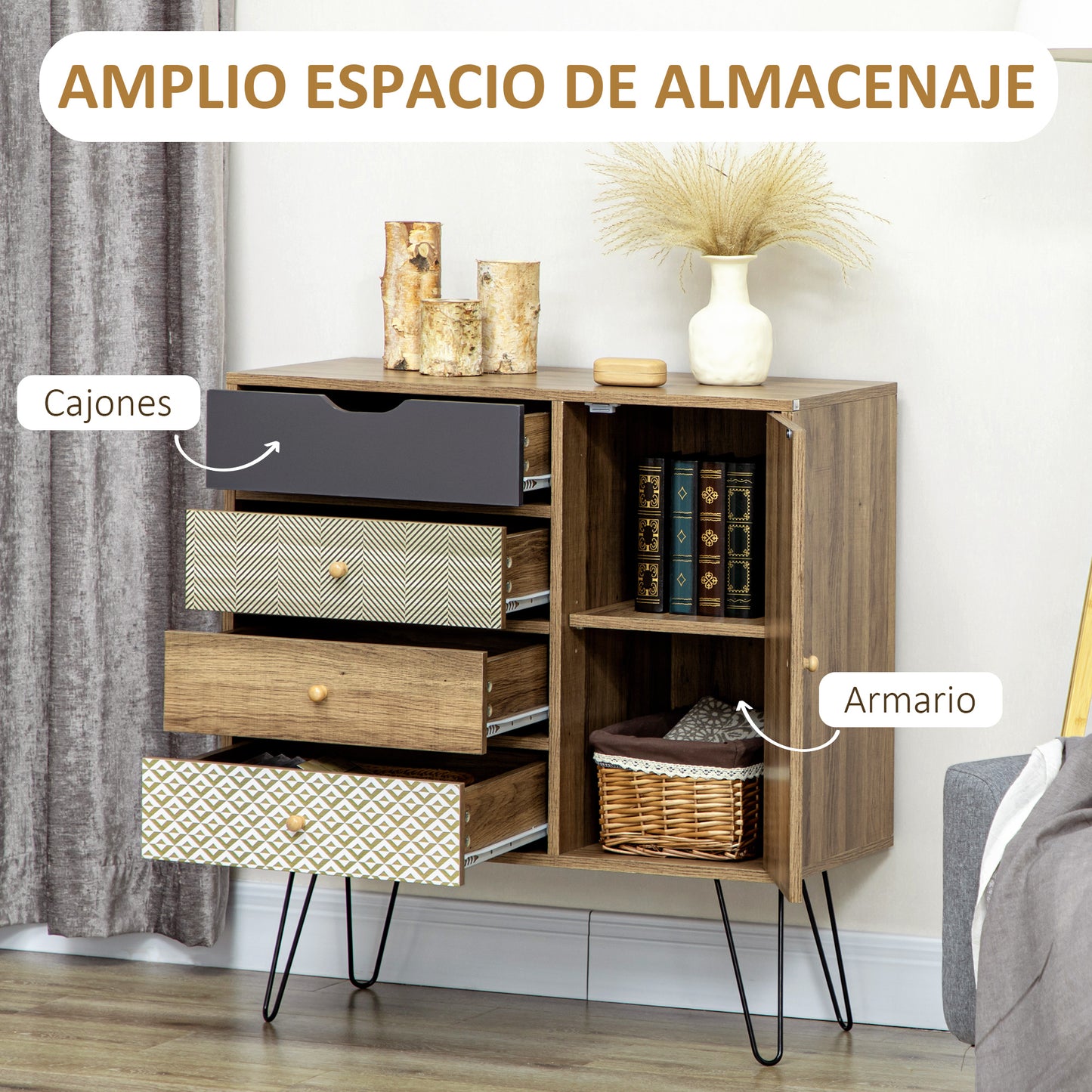 HOMCOM Cómoda con 4 Cajones Cajonera de Madera con Puerta Estante Ajustable y Patas de Metal para Salón Dormitorio Cocina 79x39x86 cm Marrón