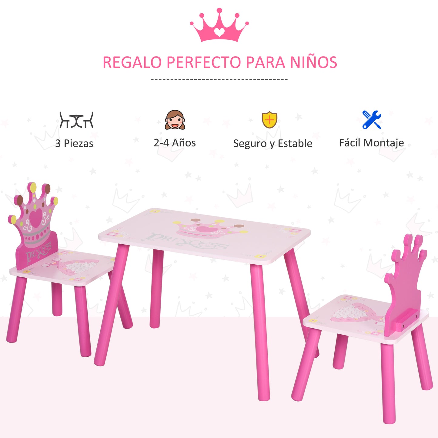 HOMCOM Juego de Mesa y 2 Sillas Infantiles de Madera Set de Mesa 55x34x42 cm Sillas 28x26x50 cm para Niños de 2-4 Años para Dormitorio Color Rosa