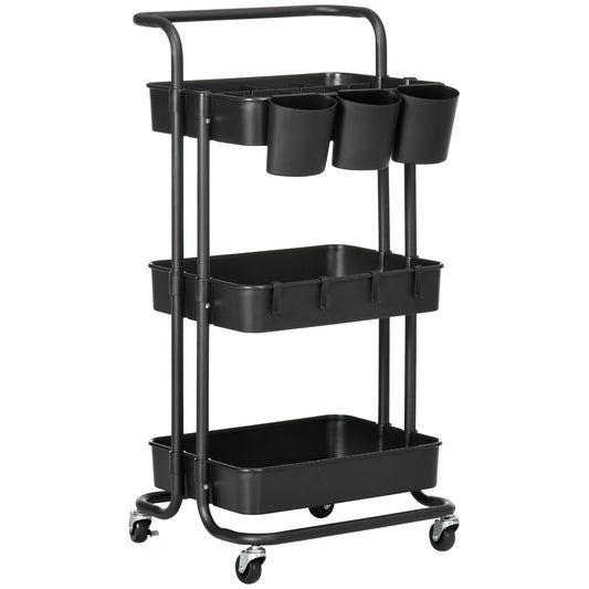 HOMCOM Carrito Auxiliar con Ruedas Carrito de Cocina con 4 Ganchos Asa 3 Cestas Extraíbles 3 Cajas Colgantes y Frenos para Baño Salón Dormitorio 42x38x86,5 cm Negro