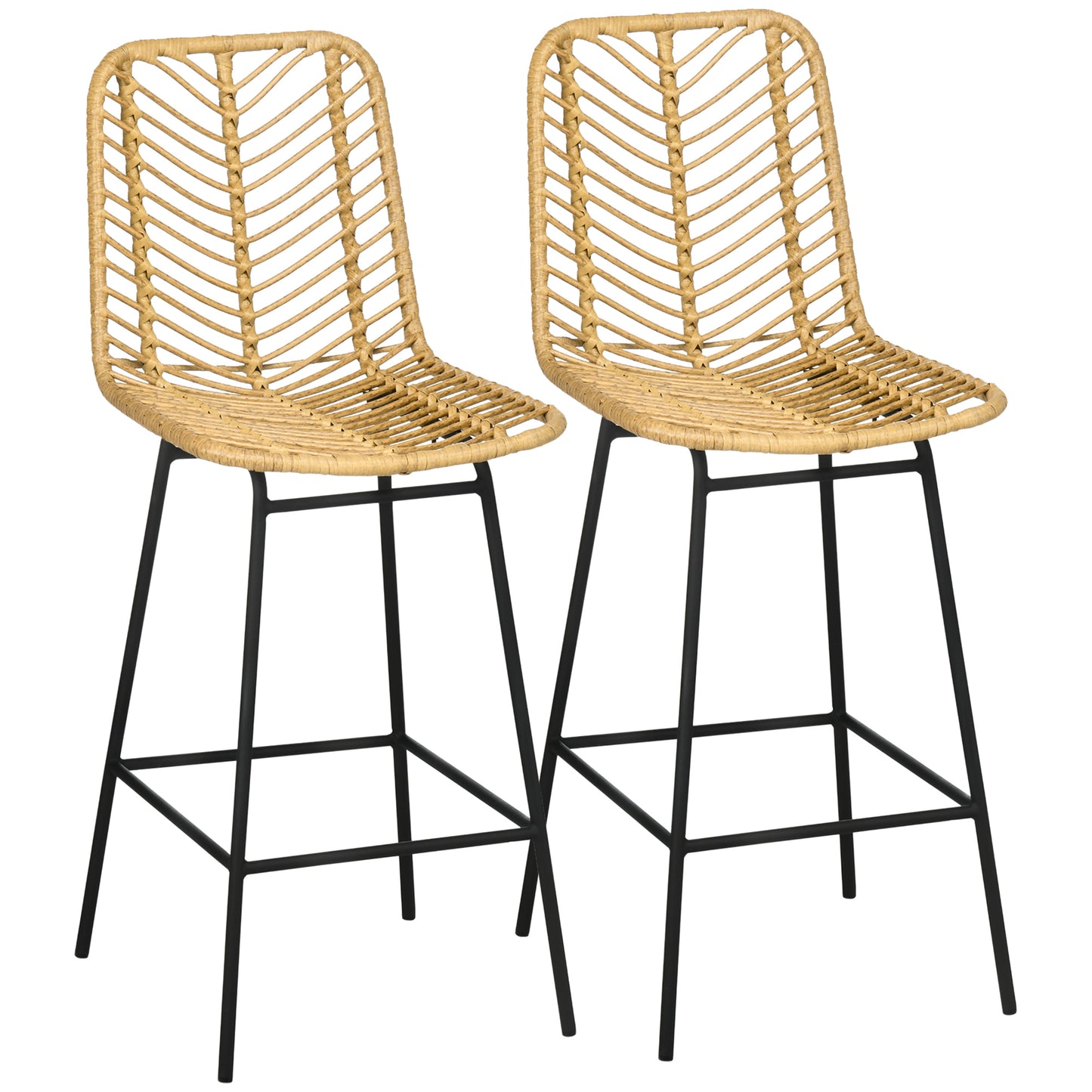 HOMCOM Taburetes Altos de Cocina Juego de 2 con Asiento de Ratán Sintético Taburetes de Bar Modernos con Patas de Acero Carga 120 kg 42,5x52x102 cm Natural