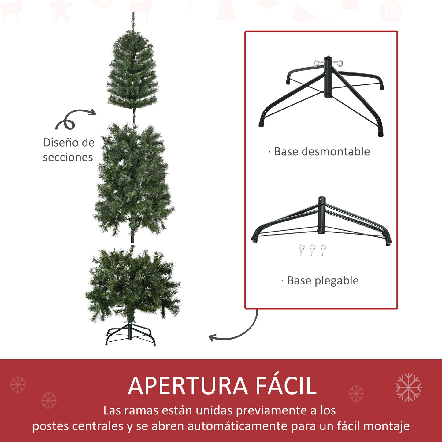 HOMCOM Árbol de Navidad Artificial 180 cm Ignífugo con 493 Ramas Hojas de PVC Apertura Automática Base Plegable y Soporte Metálico Decoración Navideña para Interiores Verde