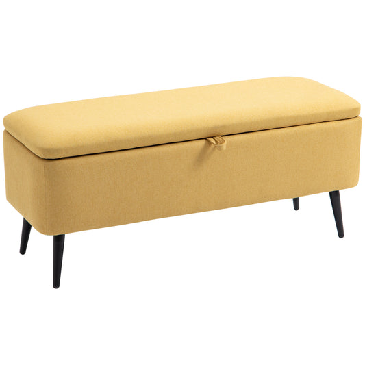 HOMCOM Banco de Almacenamiento Taburete de Almacenaje Tapizado en Lino con Tapa Abatible y Patas de Acero para Dormitorio Salón Entrada Carga 150 kg 101x38,5x44,5 cm Amarillo