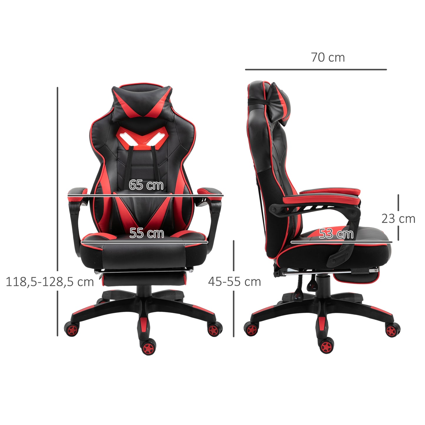 Vinsetto Silla Gaming Ergonómica Silla de Escritorio de Oficina Regulable en Altura Reclinable Respaldo con Reposapiés Reposacabezas Cojín Lumbar Ruedas 65x70x118,5-128,5 cm Rojo