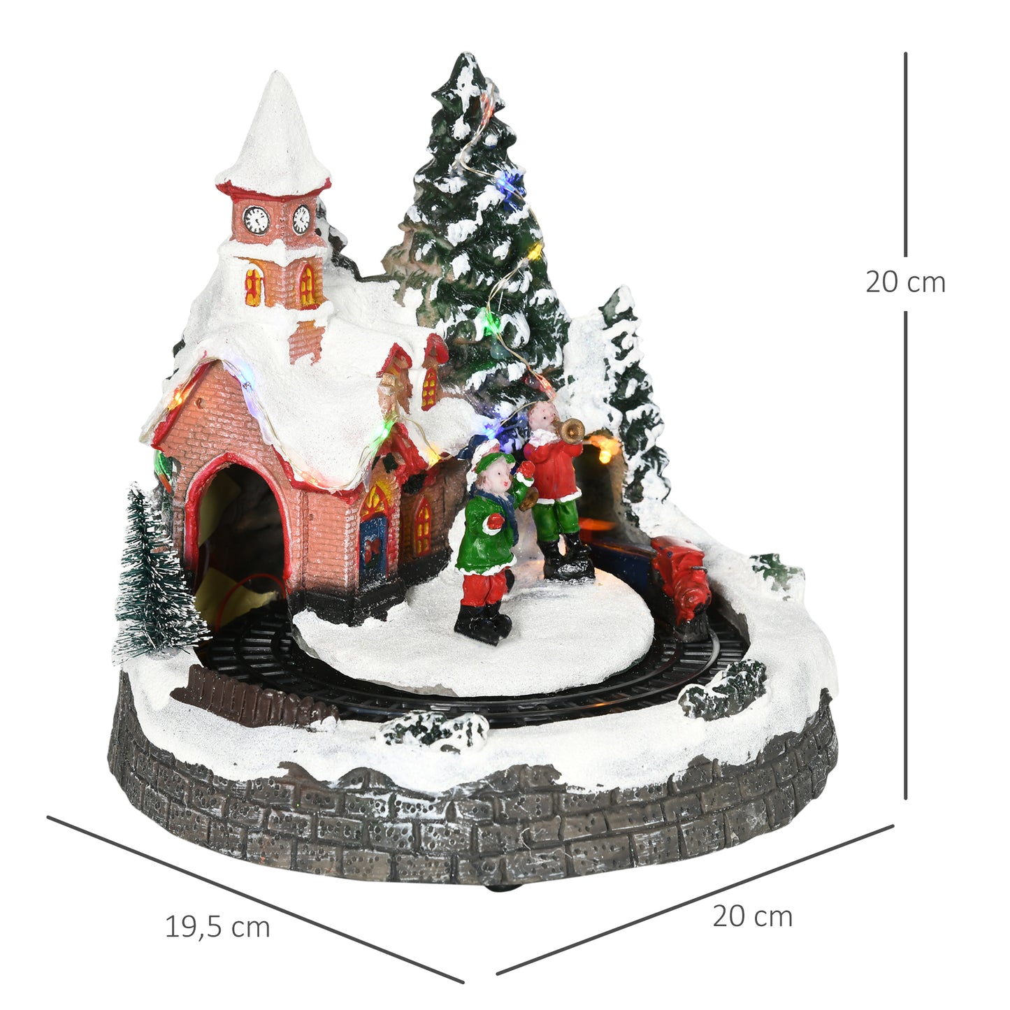 HOMCOM Pueblo Navideño Escena Navideña Iluminado con Luces LED Árbol de Navidad Música y Tren Móvil Decoración Navideña sobre Mesa 20x19,5x20 cm Multicolor